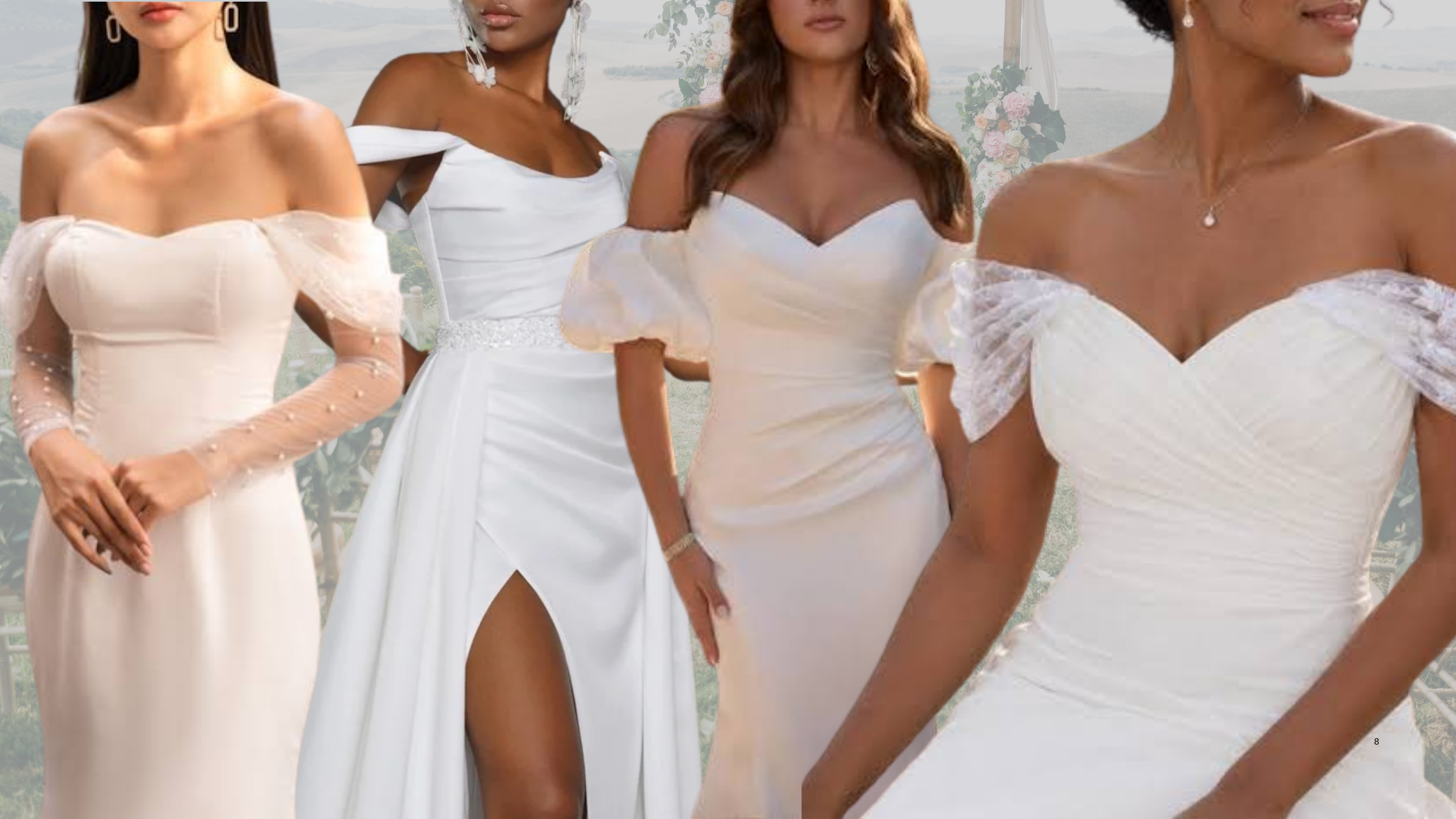 Collage of trending wedding gowns for 2027 featuring removable off-the-shoulder details.