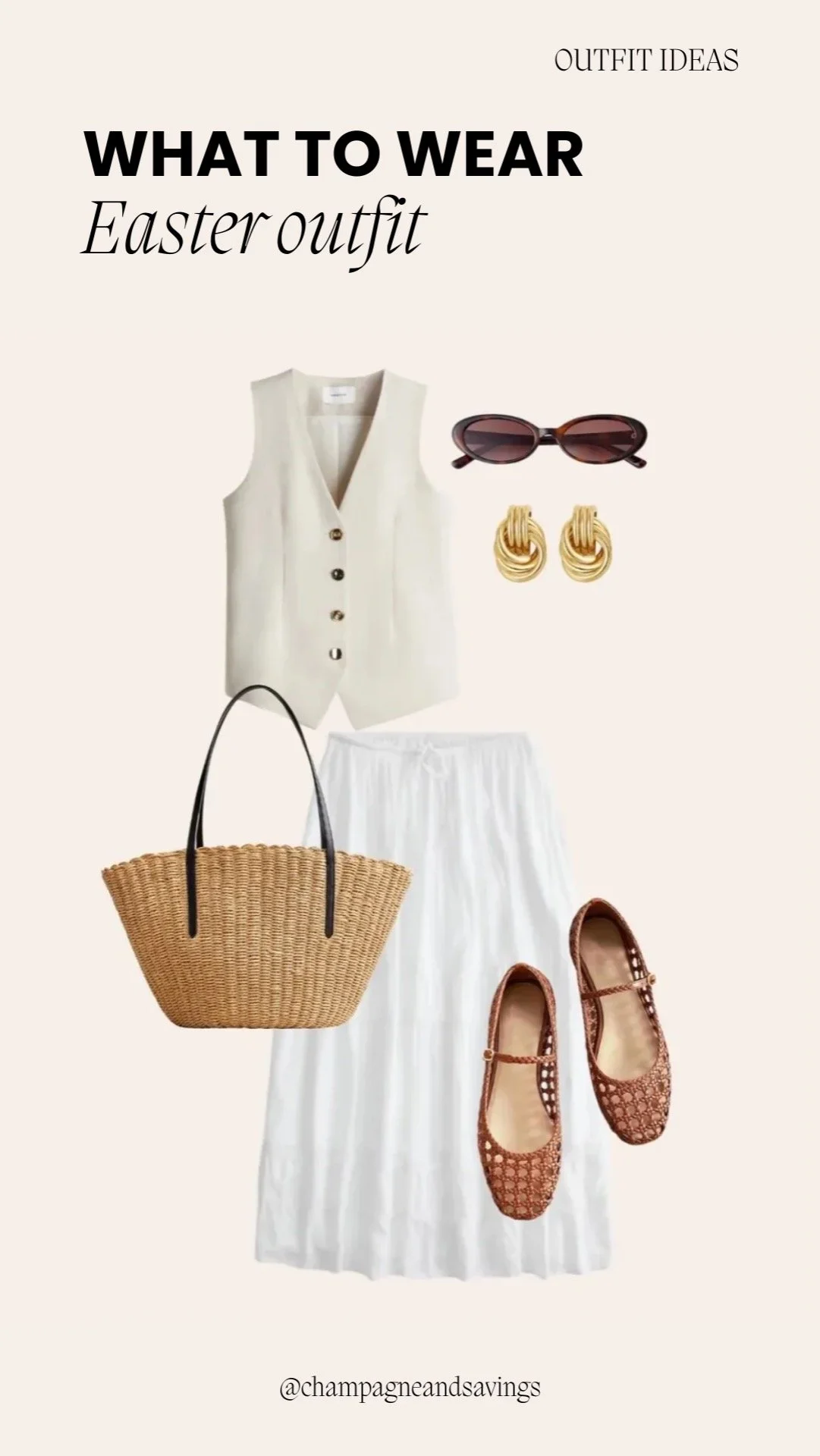 Easter outfit ideas collage showing a cream vest paired with a white skirt and coordinating accessories.
