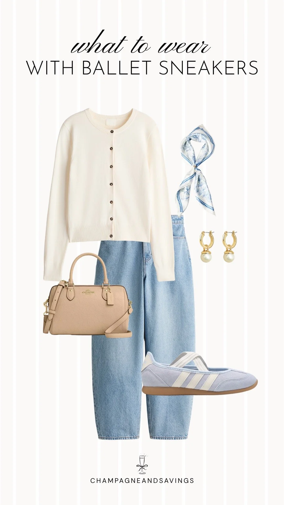 Collage of outfit pieces featuring ballet sneakers styled with baggy jeans and a cropped cardigan for a relaxed yet trendy casual outfit.