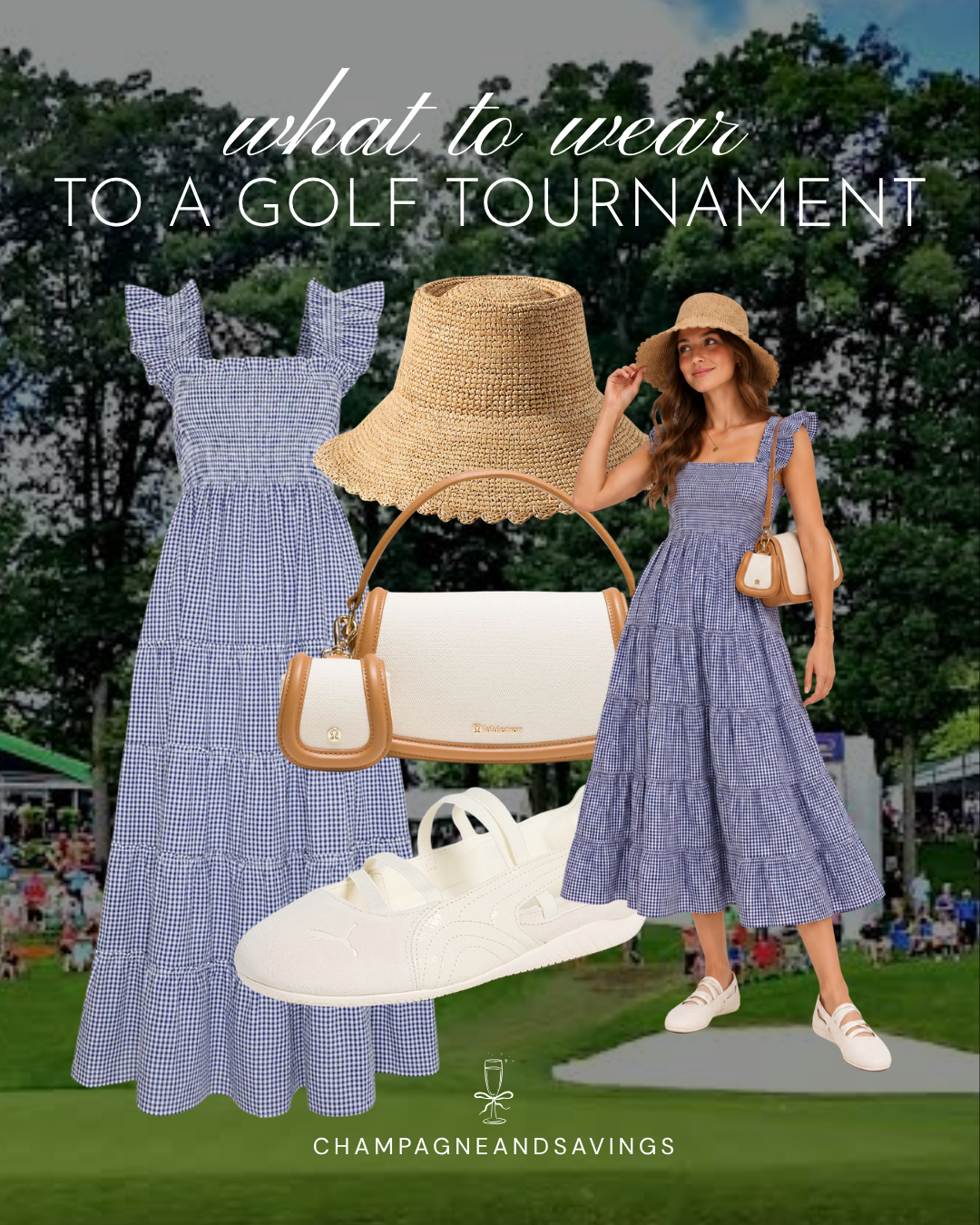 Cute golf tournament spectator outfit idea featuring a gingham maxi dress and straw hat, shown in a collage of outfit pieces for a stylish day on the course.