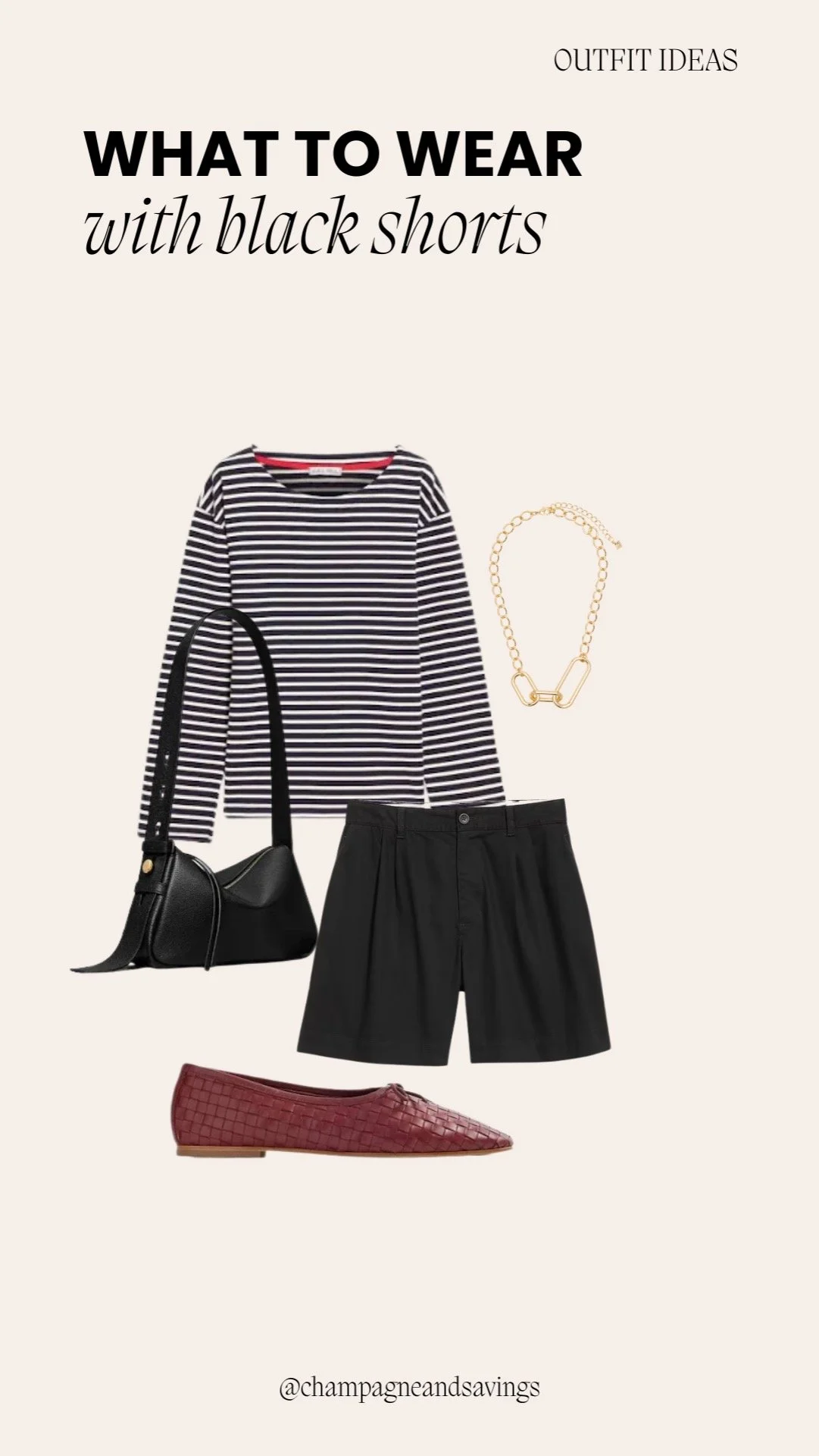 Collage of outfit pieces for a “Classic Stripes and Flats” black shorts look, featuring black shorts paired with a striped top and classic flats, styled in a polished casual aesthetic.