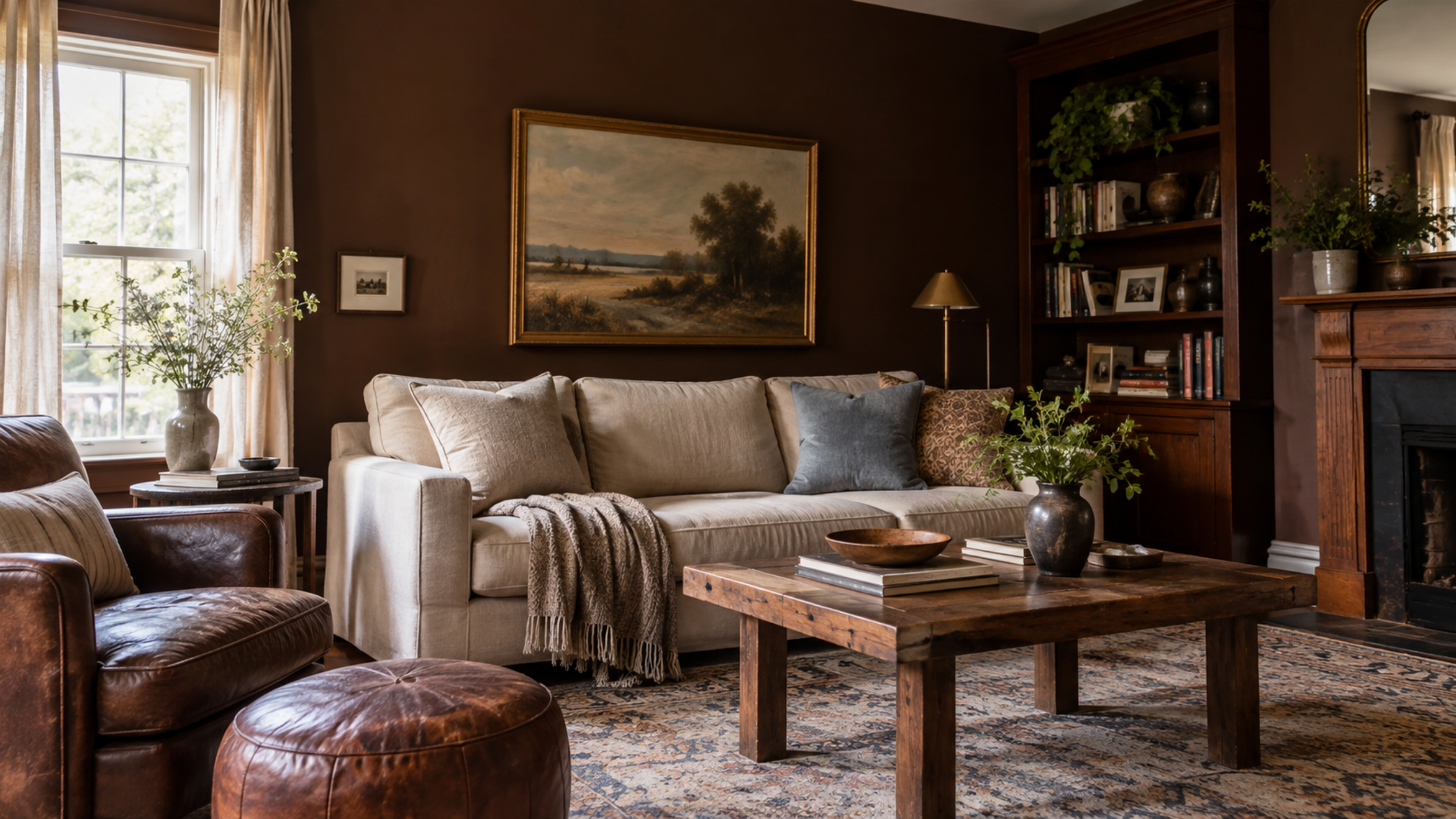 Sophisticated living room with chocolate brown walls, rich wood furniture, and cream accents