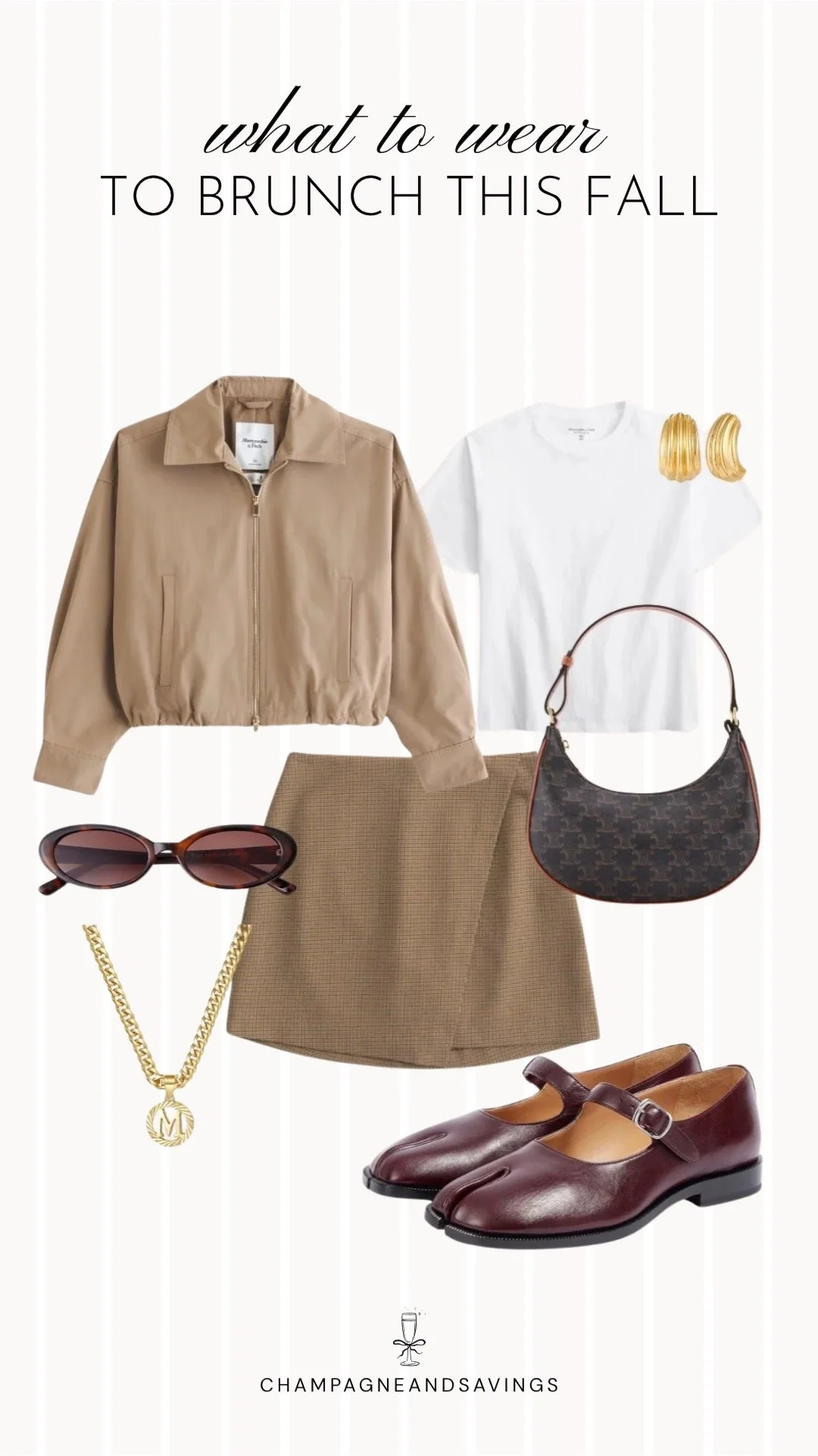 Collage of outfit pieces featuring a tan jacket styled with a plaid mini skirt and burgundy Mary Janes for a preppy and stylish fall brunch outfit idea.