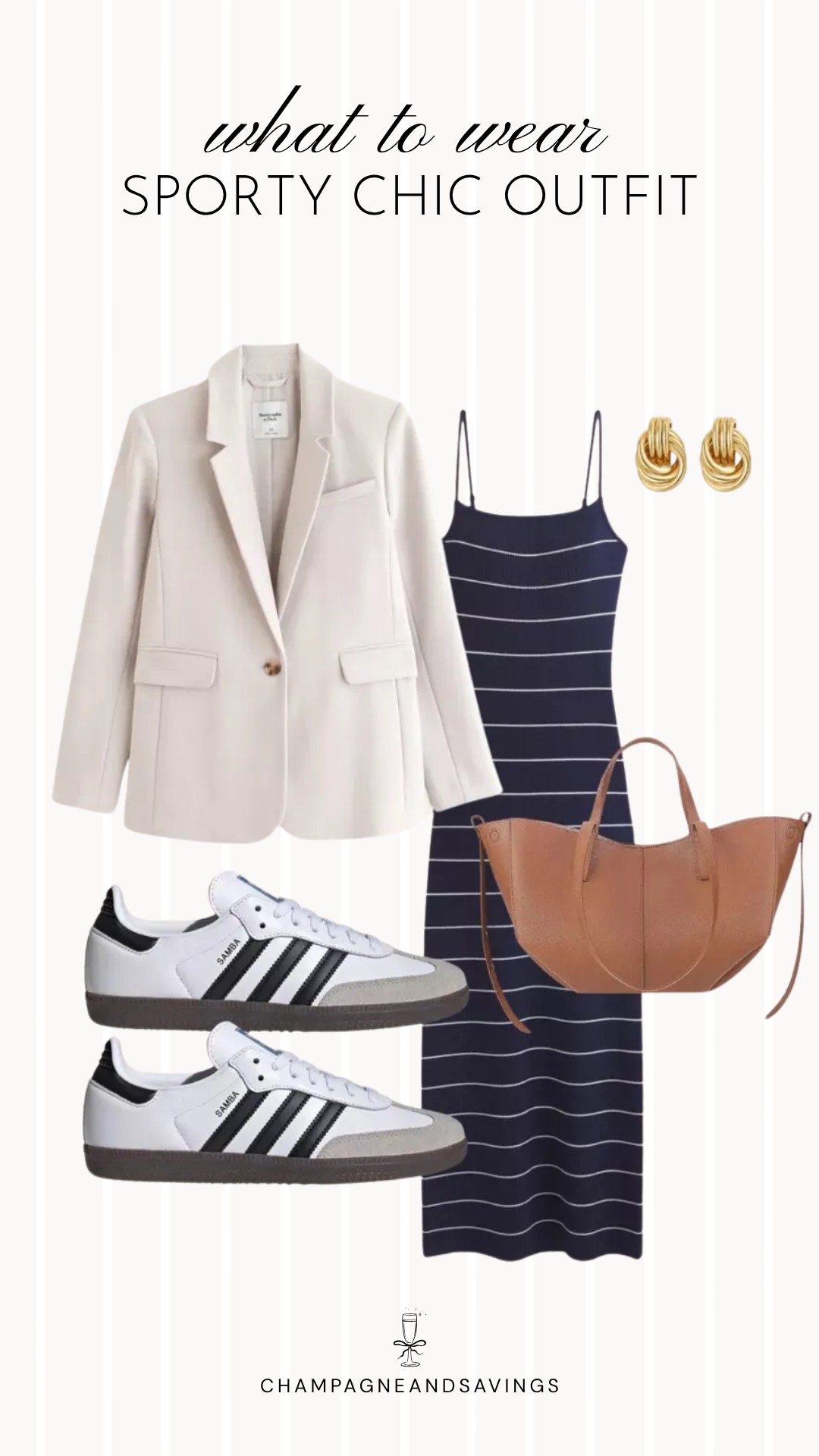 Collage of sporty chic outfit pieces featuring a striped slip dress layered with a blazer and paired with sneakers for a polished outfit with a sporty edge.