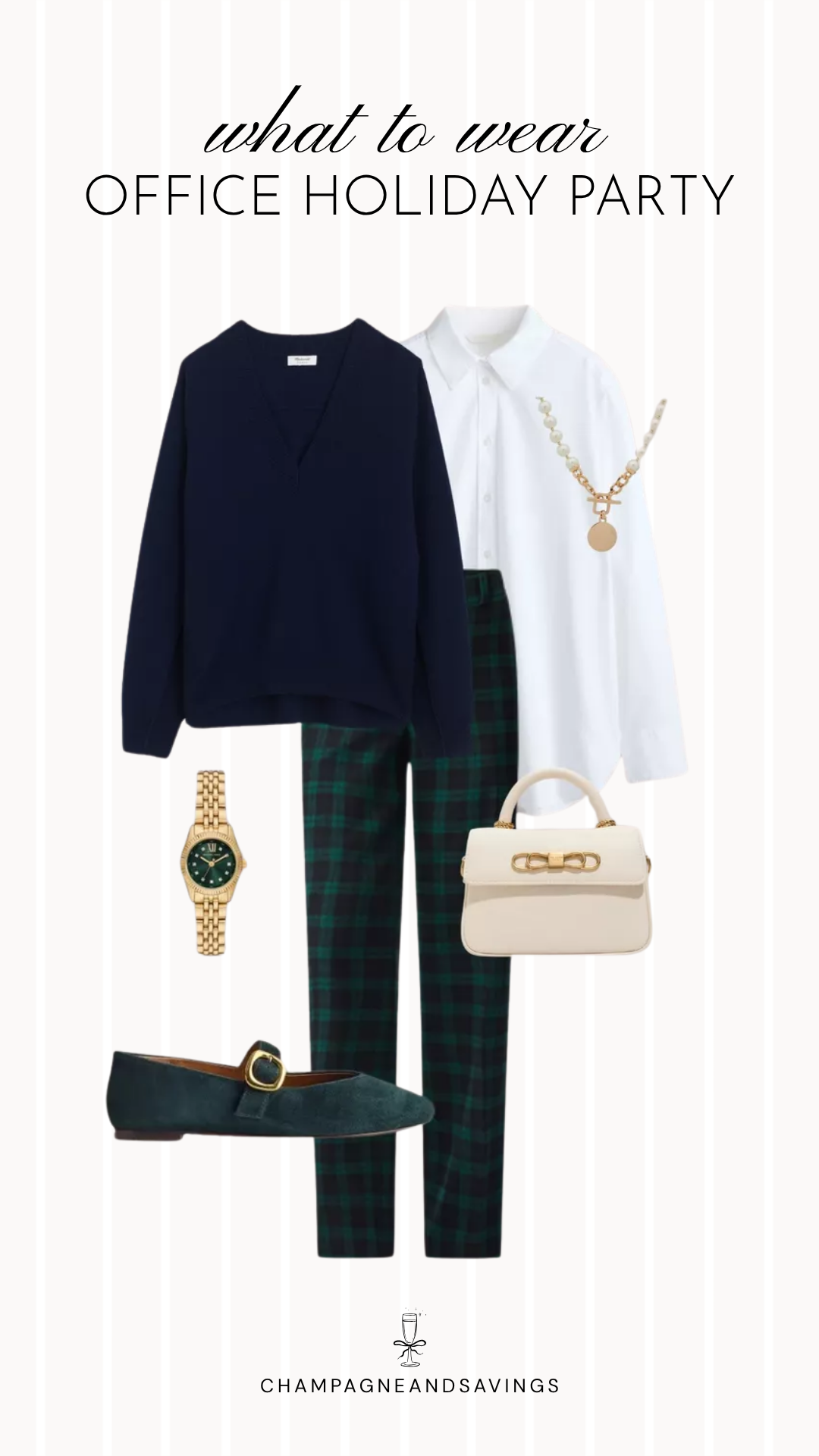 Work holiday party outfit idea featuring plaid pants styled with a layered sweater and coordinating outfit pieces for a cute, festive office party look.