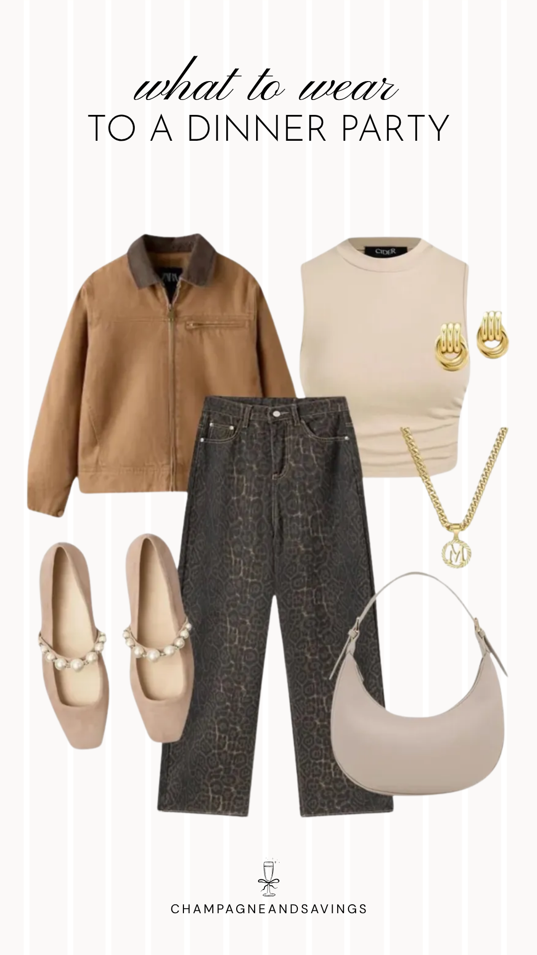 A dinner party outfit idea featuring a camel barn jacket paired with leopard print jeans for a trendy fall look that mixes classic outerwear with a fun statement print.