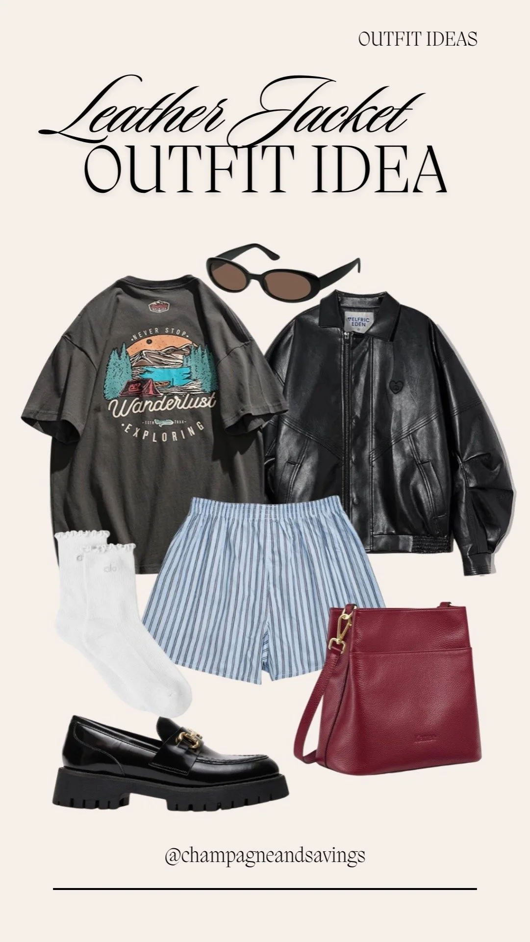 leather jacket, Graphic Tee and Striped Shorts