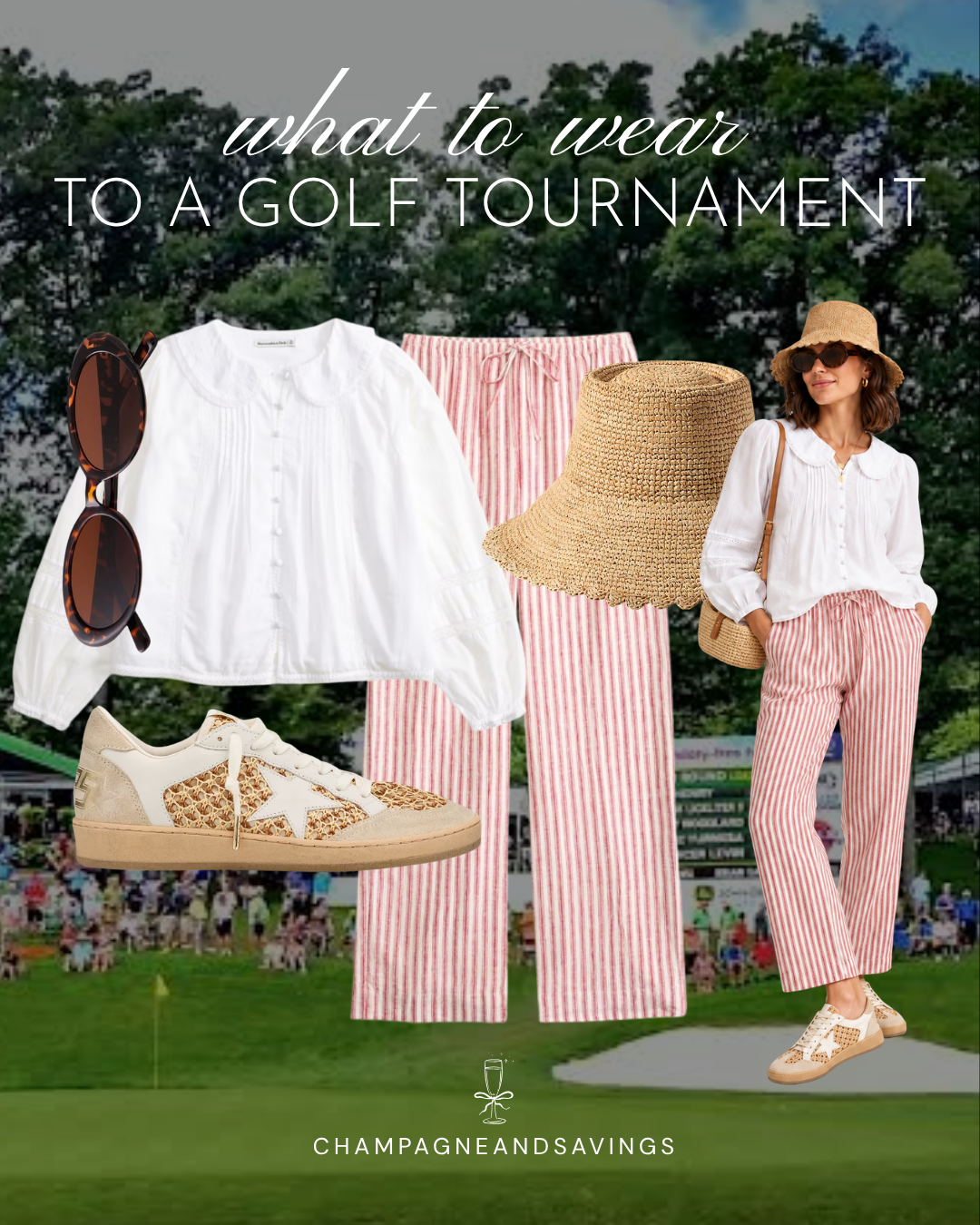 Cute golf tournament spectator outfit idea featuring striped pants and a white blouse, shown in a collage of outfit pieces for a stylish day on the course.