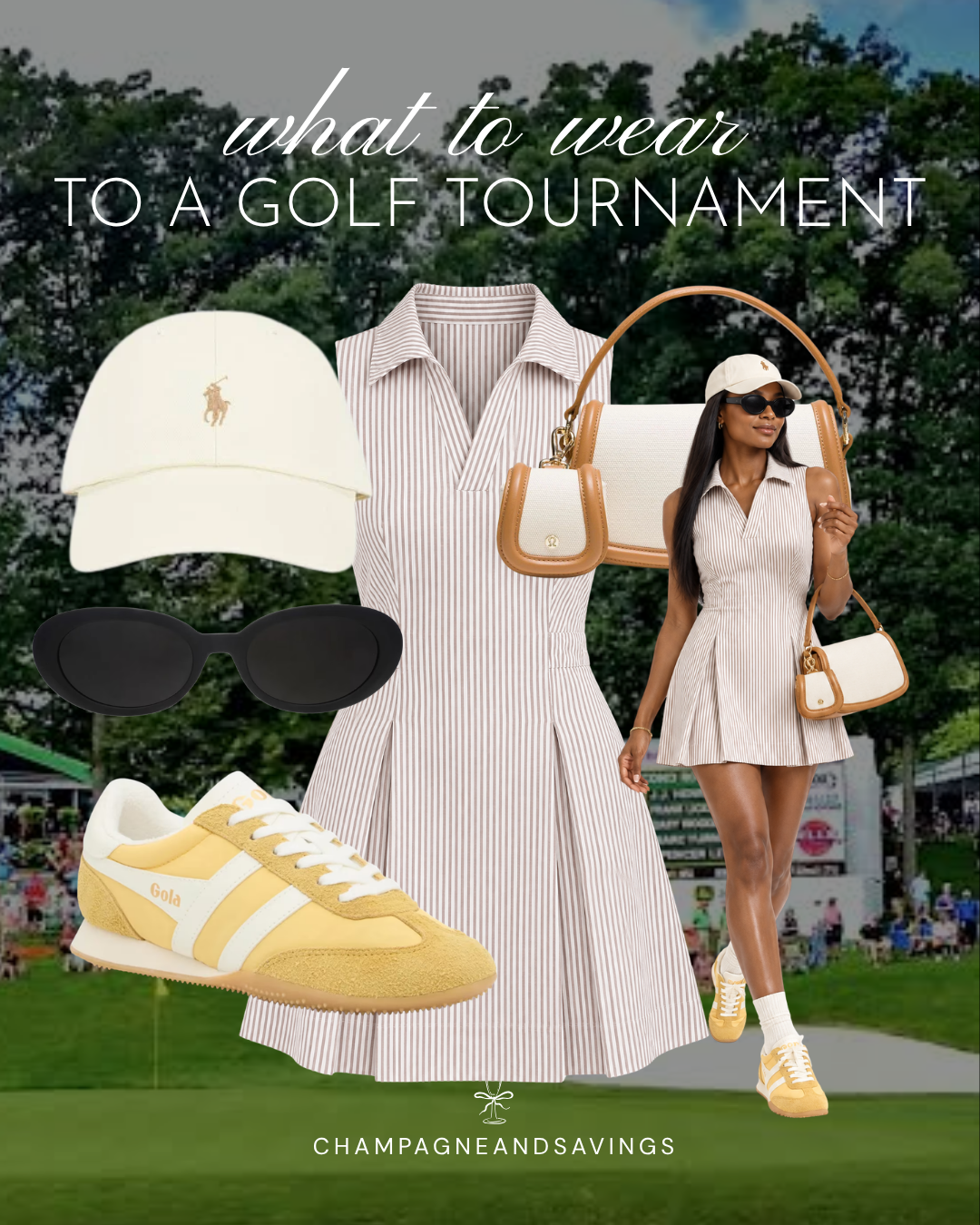 Cute golf tournament spectator outfit idea featuring a striped mini dress and retro sneakers, shown in a collage of outfit pieces for a stylish day on the course.