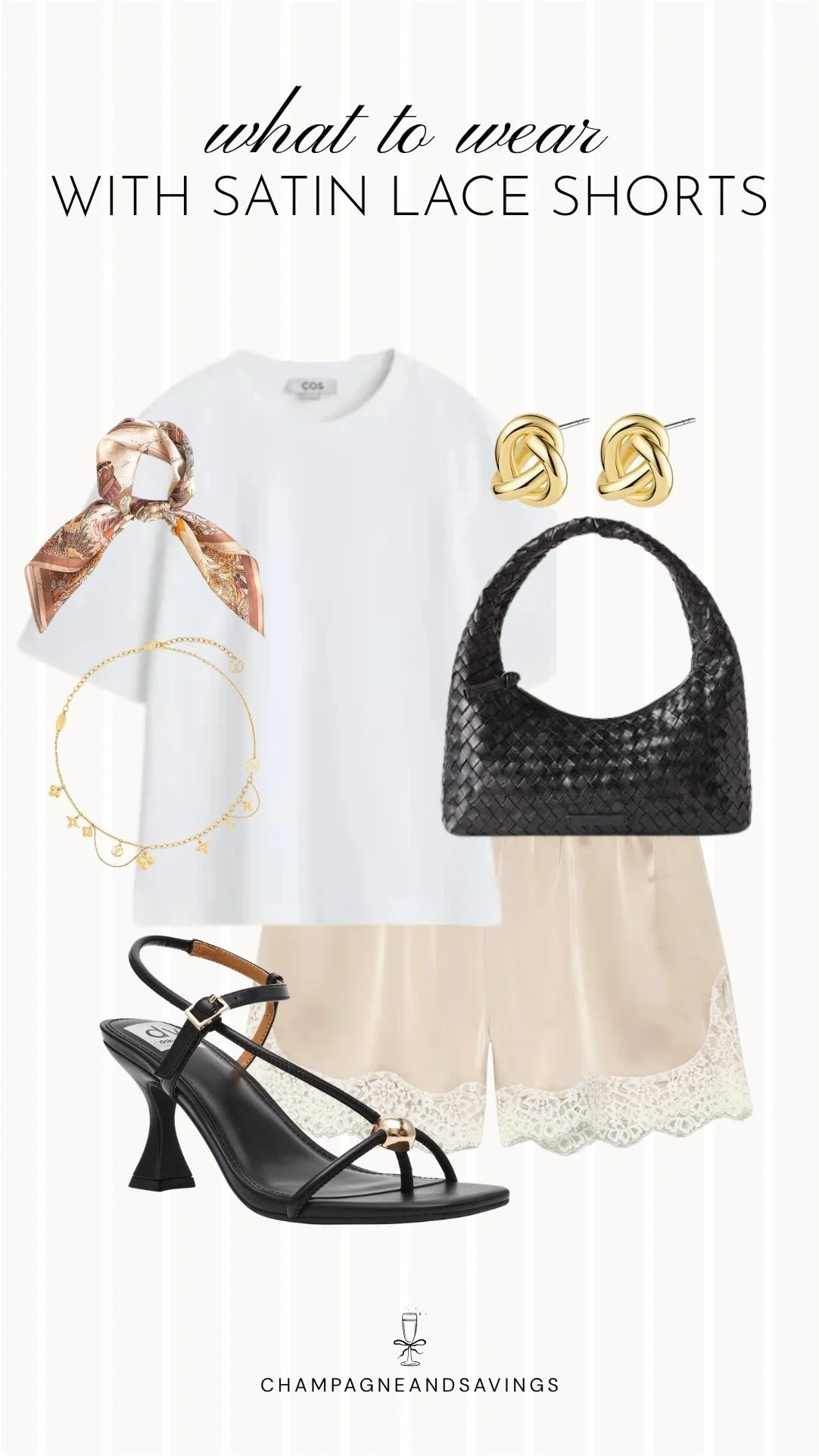 Collage of outfit pieces featuring satin lace shorts styled with a white tee and strappy heels for a chic, dressed-up look