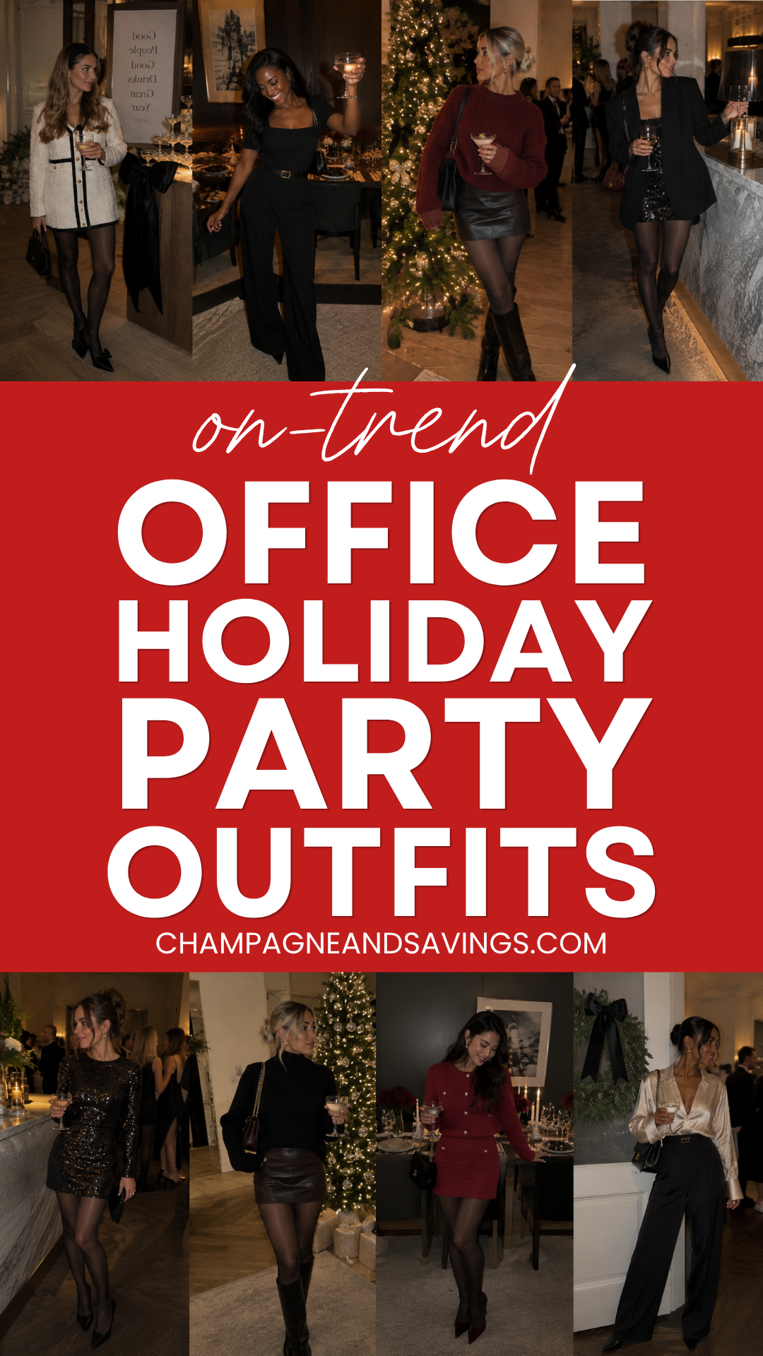 Image that says On-Trend Office Holiday Party Outfits and has a collage of girls in styled outfits.
