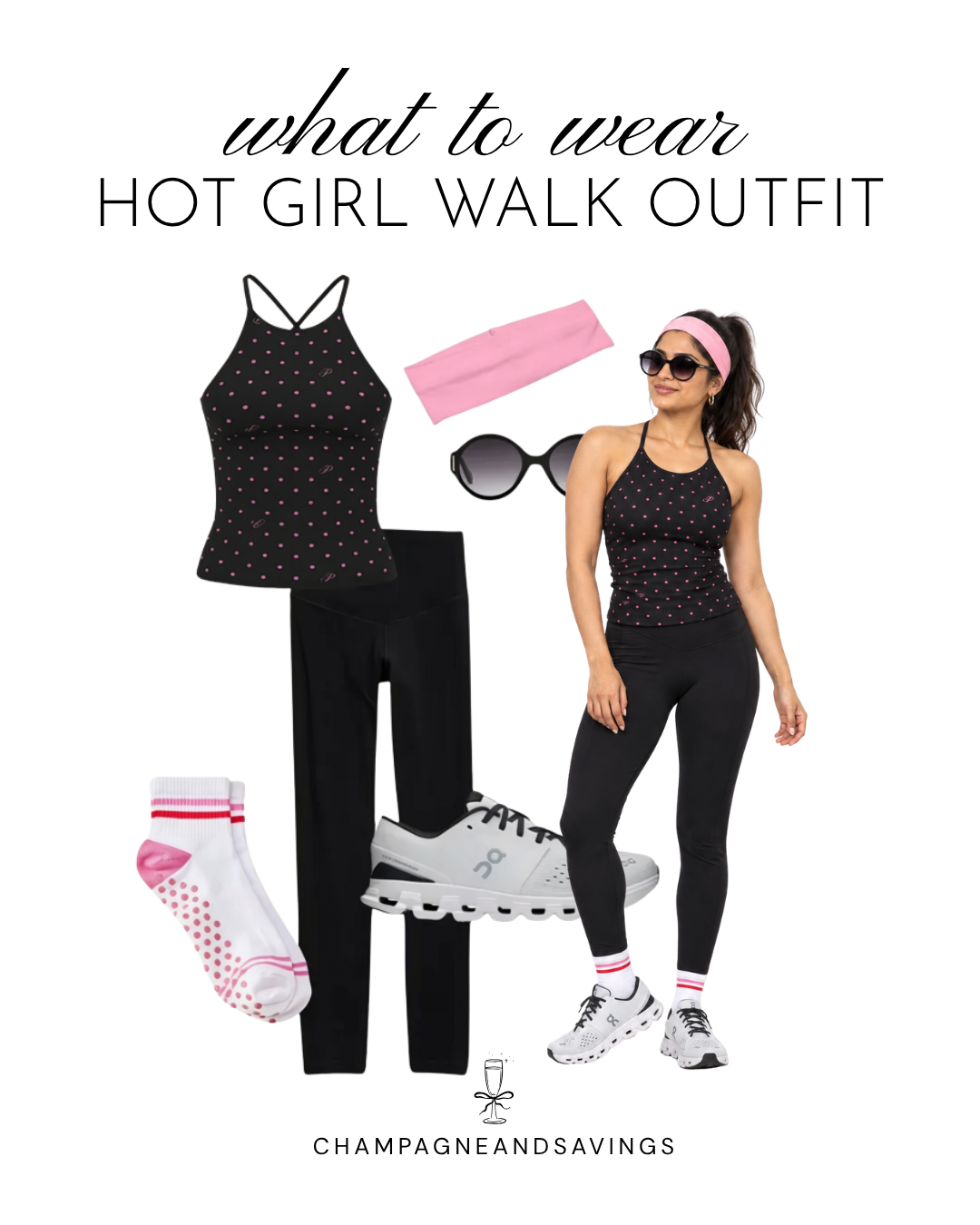 Hot girl walk outfit idea featuring a polka dot workout top paired with pink accessories, shown in a collage of outfit pieces for a cute and sporty walking outfit.
