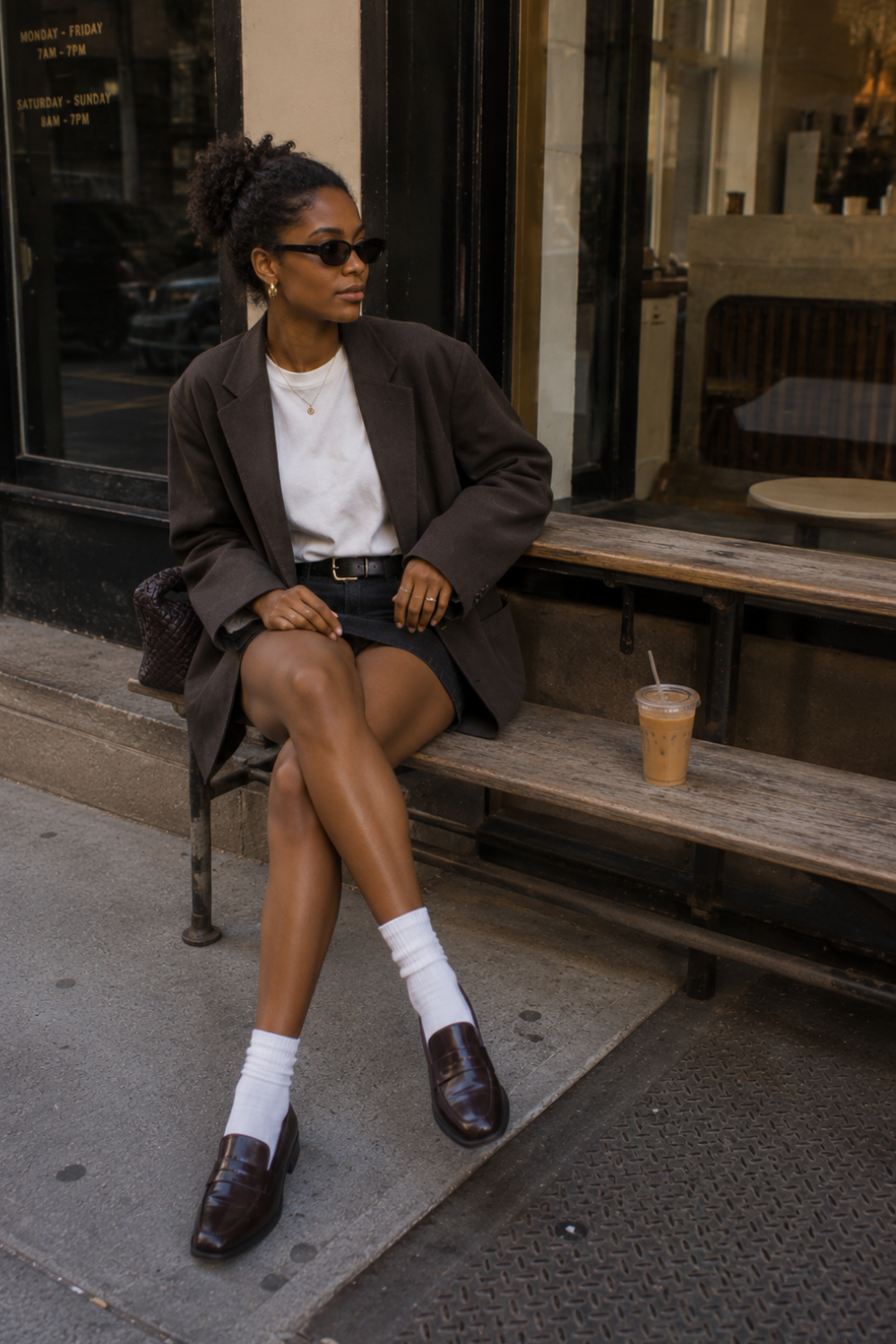 trendy woman sitting on a bench next to an iced coffee wearing an oversized blazer, mini skirt, and loafers with crew socks