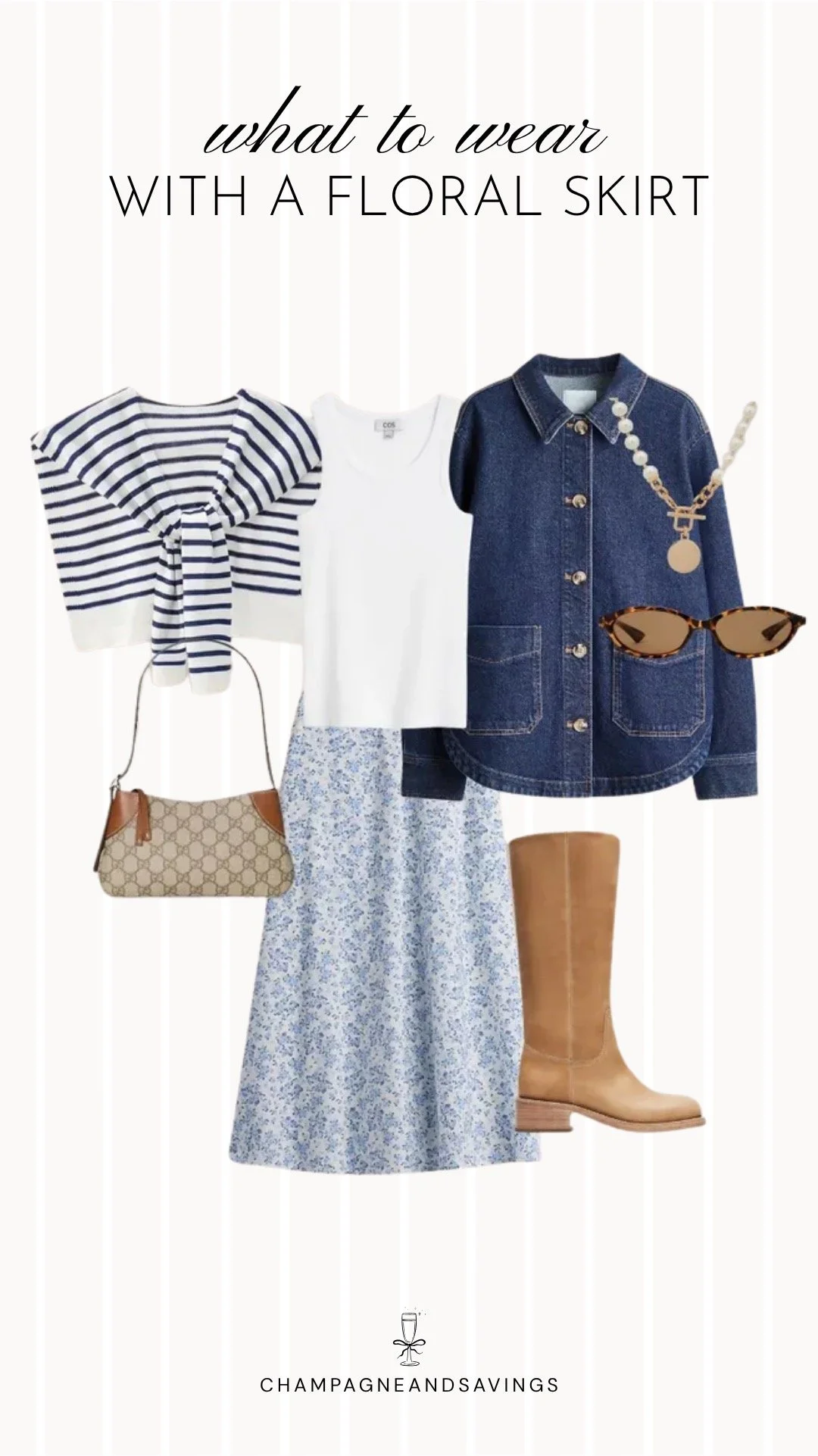 Collage of outfit pieces featuring a floral skirt styled with a striped sweater and a denim jacket for a casual, layered everyday outfit