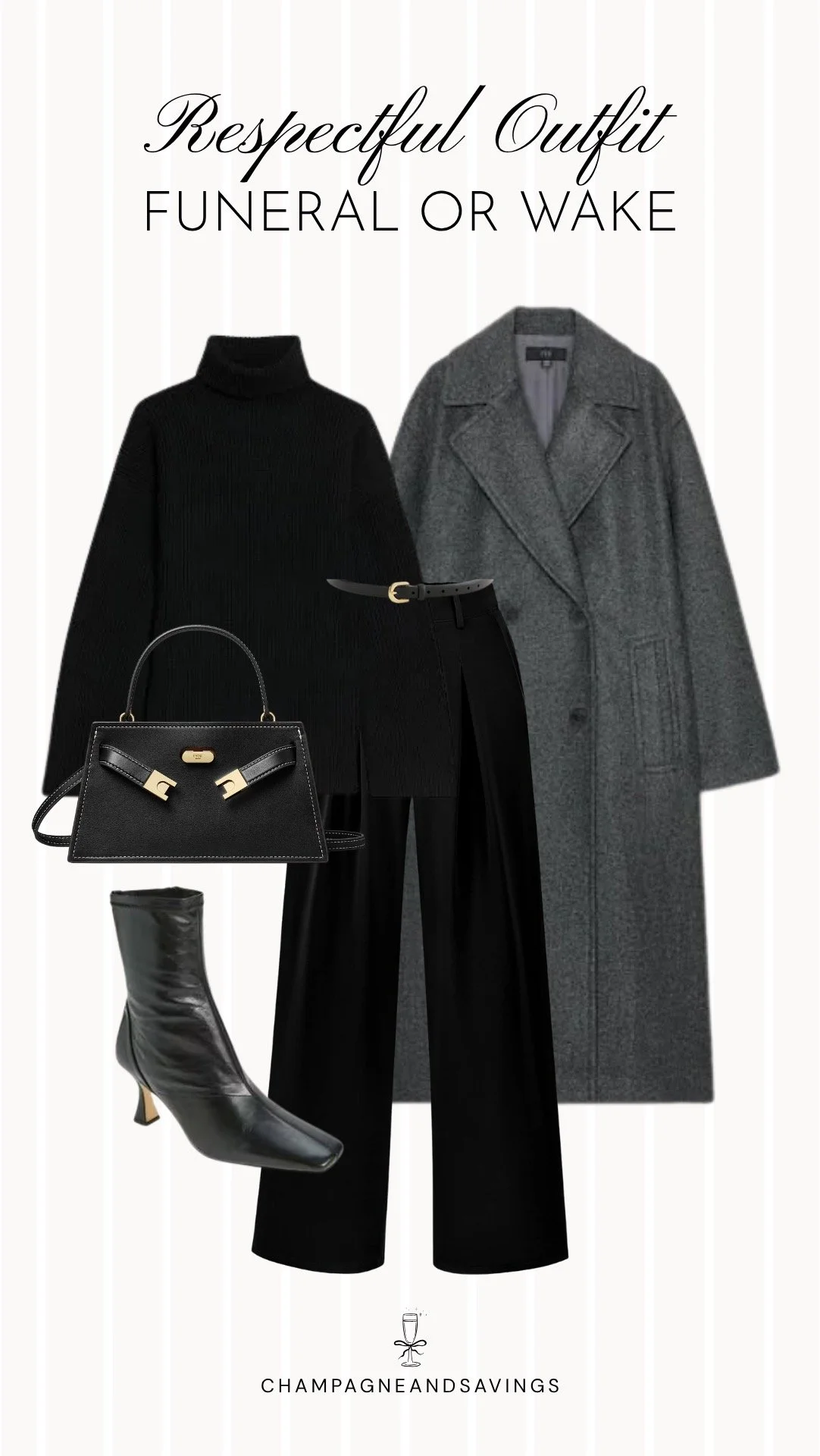 A respectful outfit idea for a funeral or wake featuring a black turtleneck sweater, a gray wool coat, black pleated trousers, and black heeled boots.