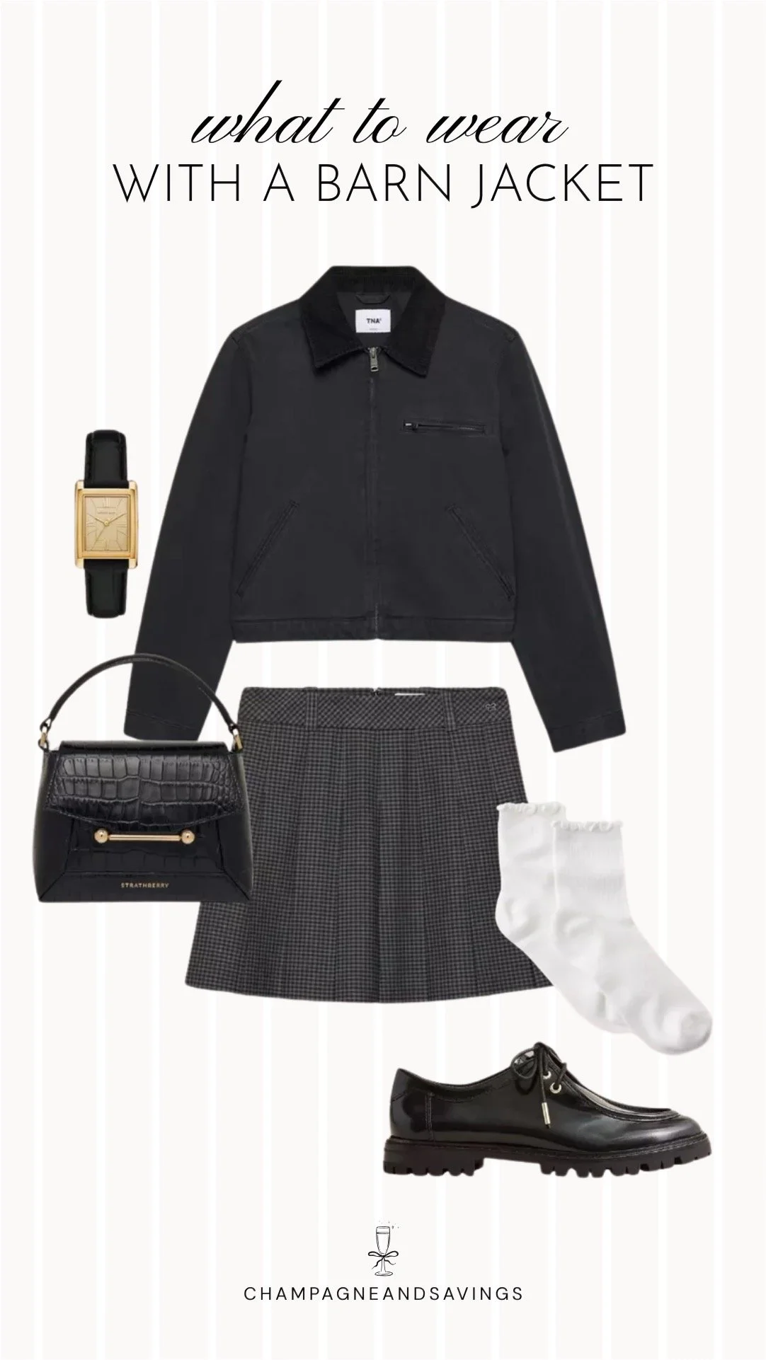 Outfit collage featuring a barn jacket styled with a mini skirt and loafers for a preppy fall outfit that feels both classic and on-trend.