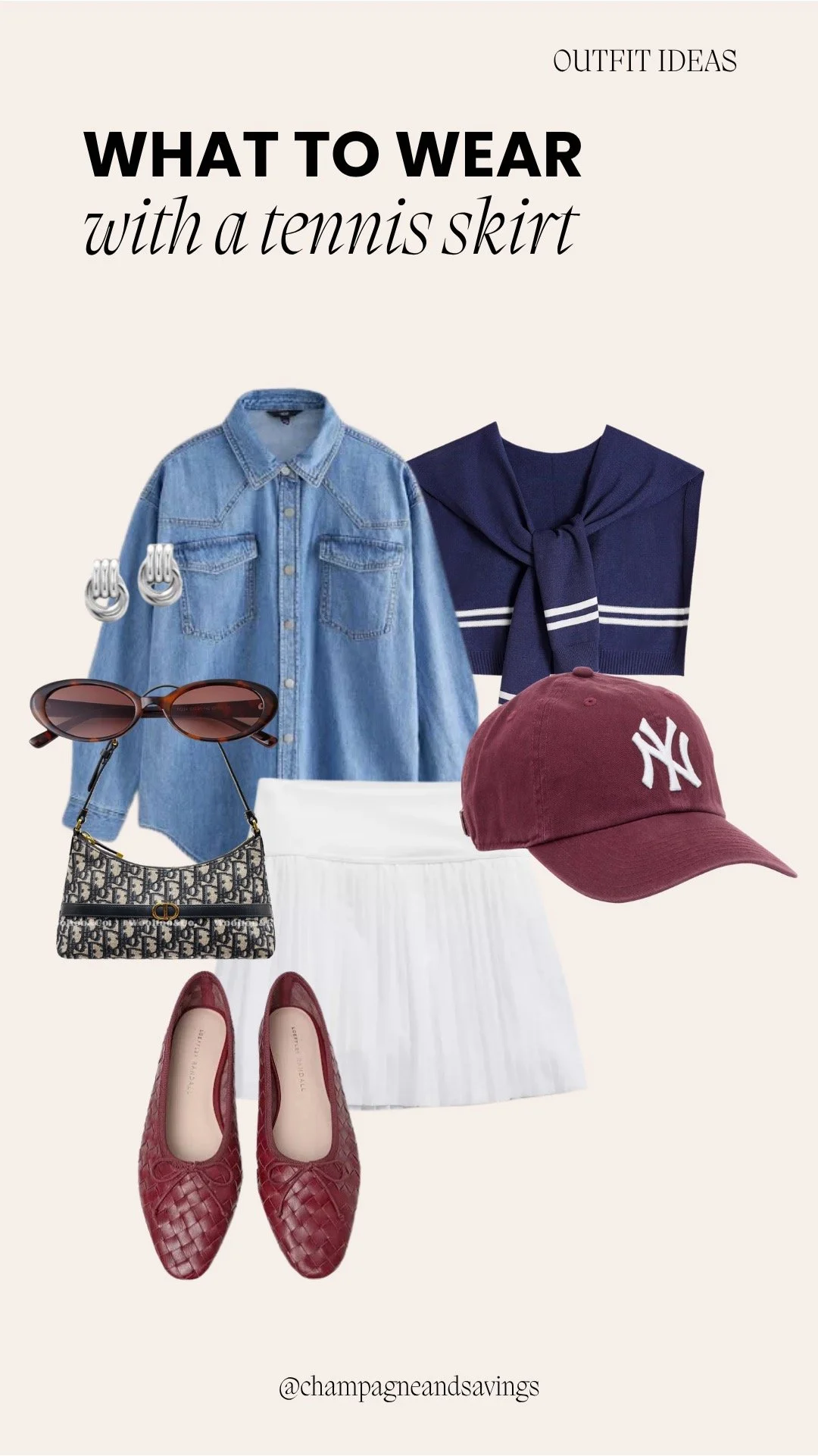 Tennis skirt outfit collage featuring a pleated tennis skirt styled with a chambray shirt and ballet flats for a soft, casual chic look.