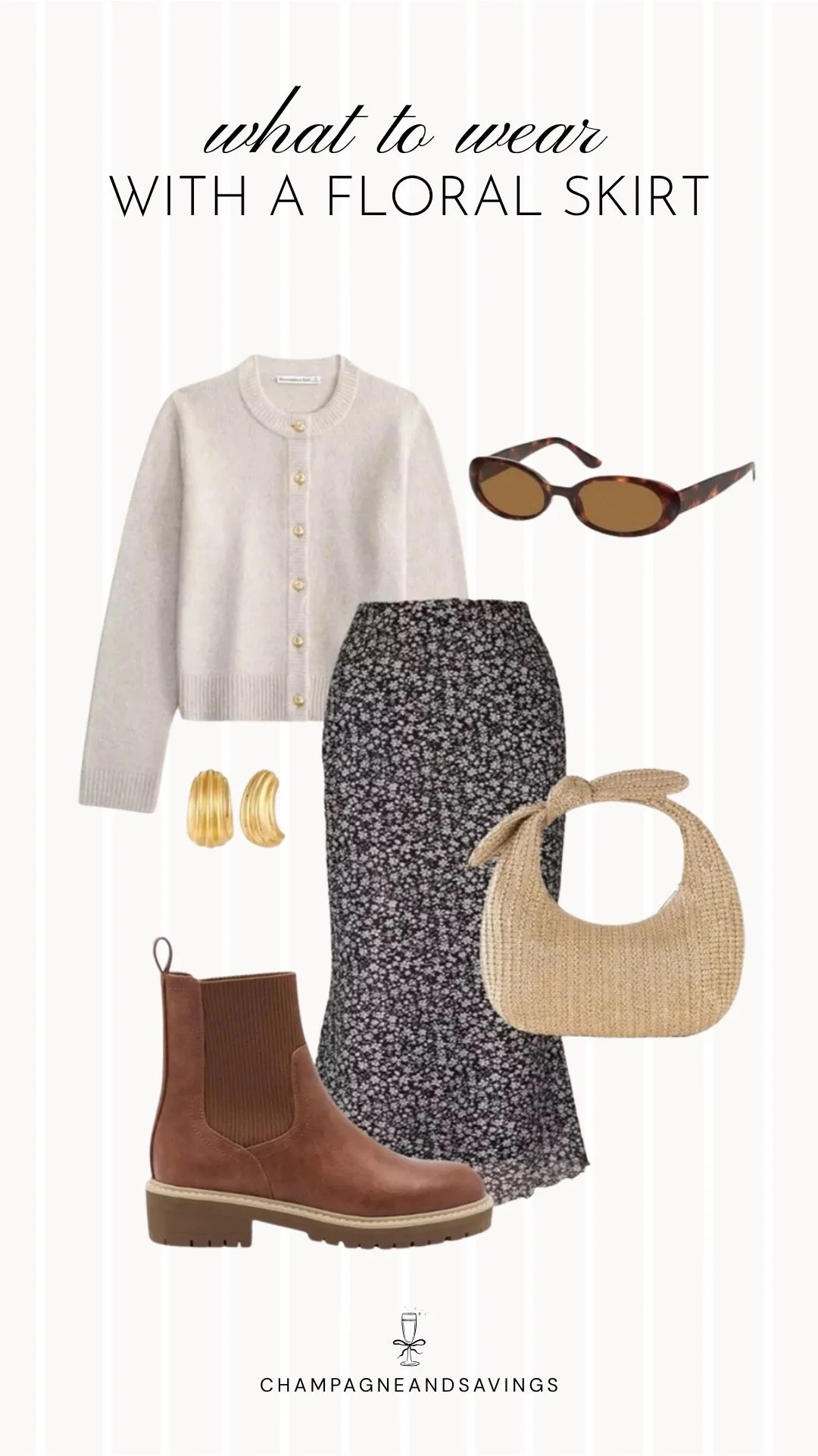 Collage of outfit pieces featuring a floral skirt styled with a cream cardigan and Chelsea boots for a cozy, transitional outfit