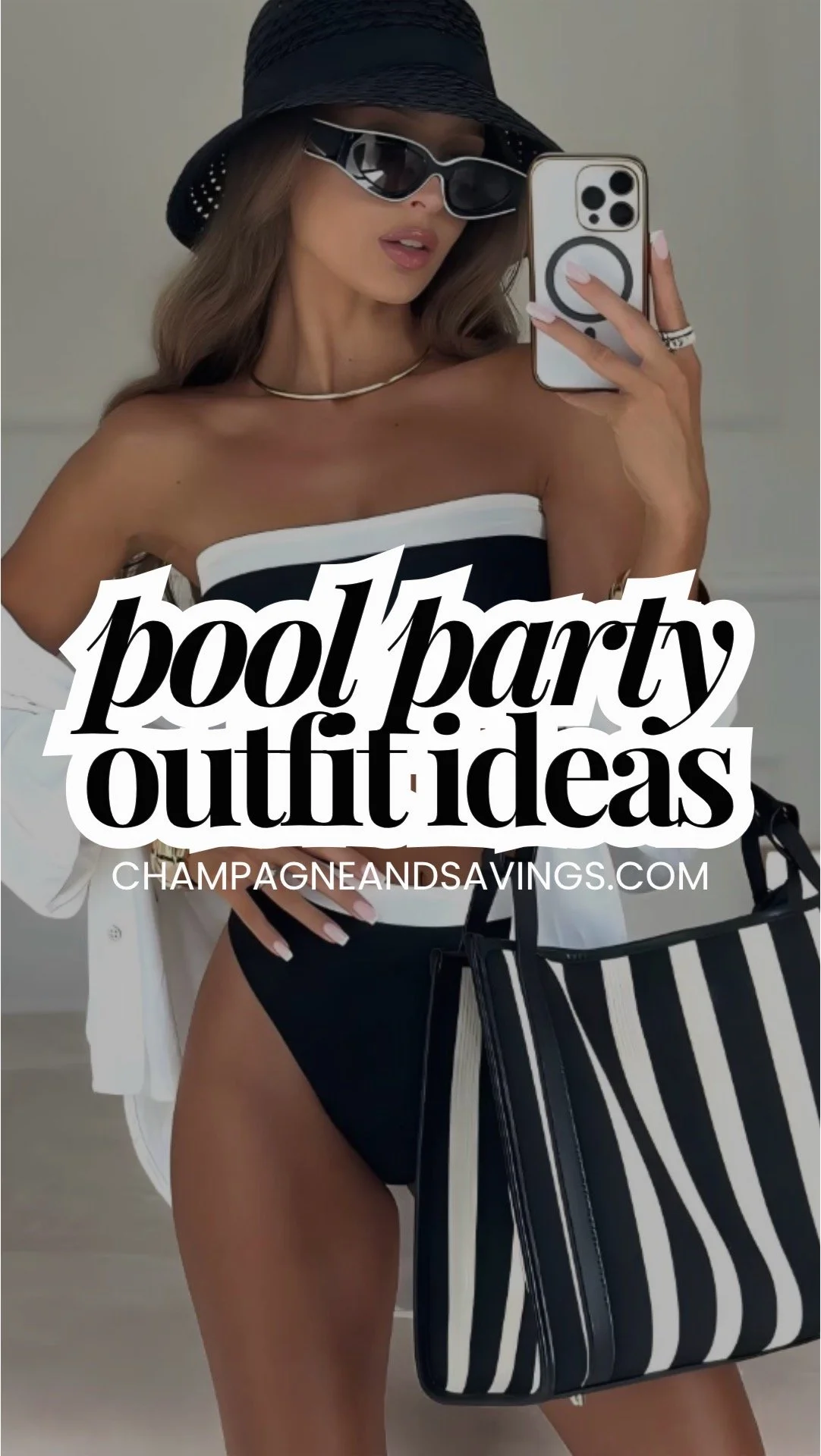 Image that says pool party outfit ideas and has a girl in a styled outfit in the background.