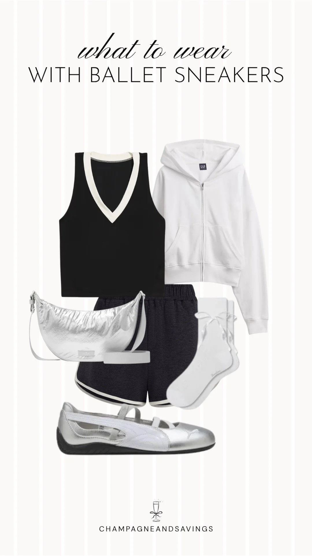 Collage of outfit pieces featuring ballet sneakers styled with athletic shorts and a zip hoodie for a sporty, comfortable outfit perfect for casual days on the go.