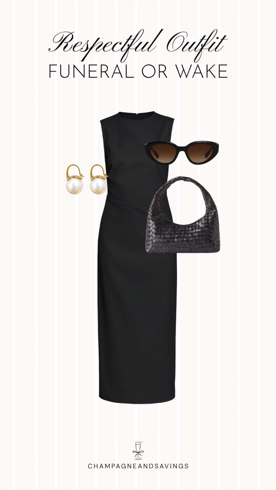 A respectful outfi idea for a funeral or wake featuring a modest black dress, sunglasses, a small purse, and delicate pearl earrings.