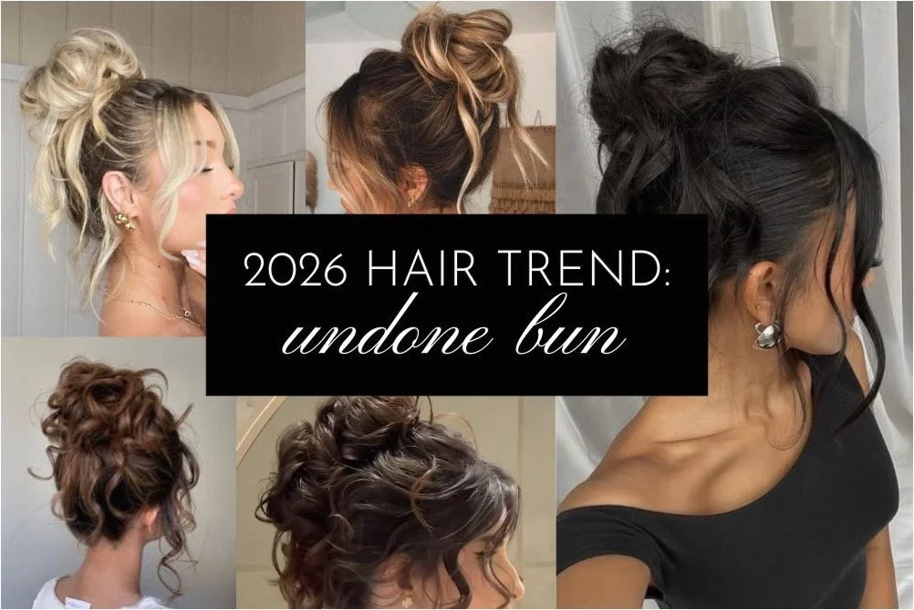 collage of the 2026 hair trend: undone bun