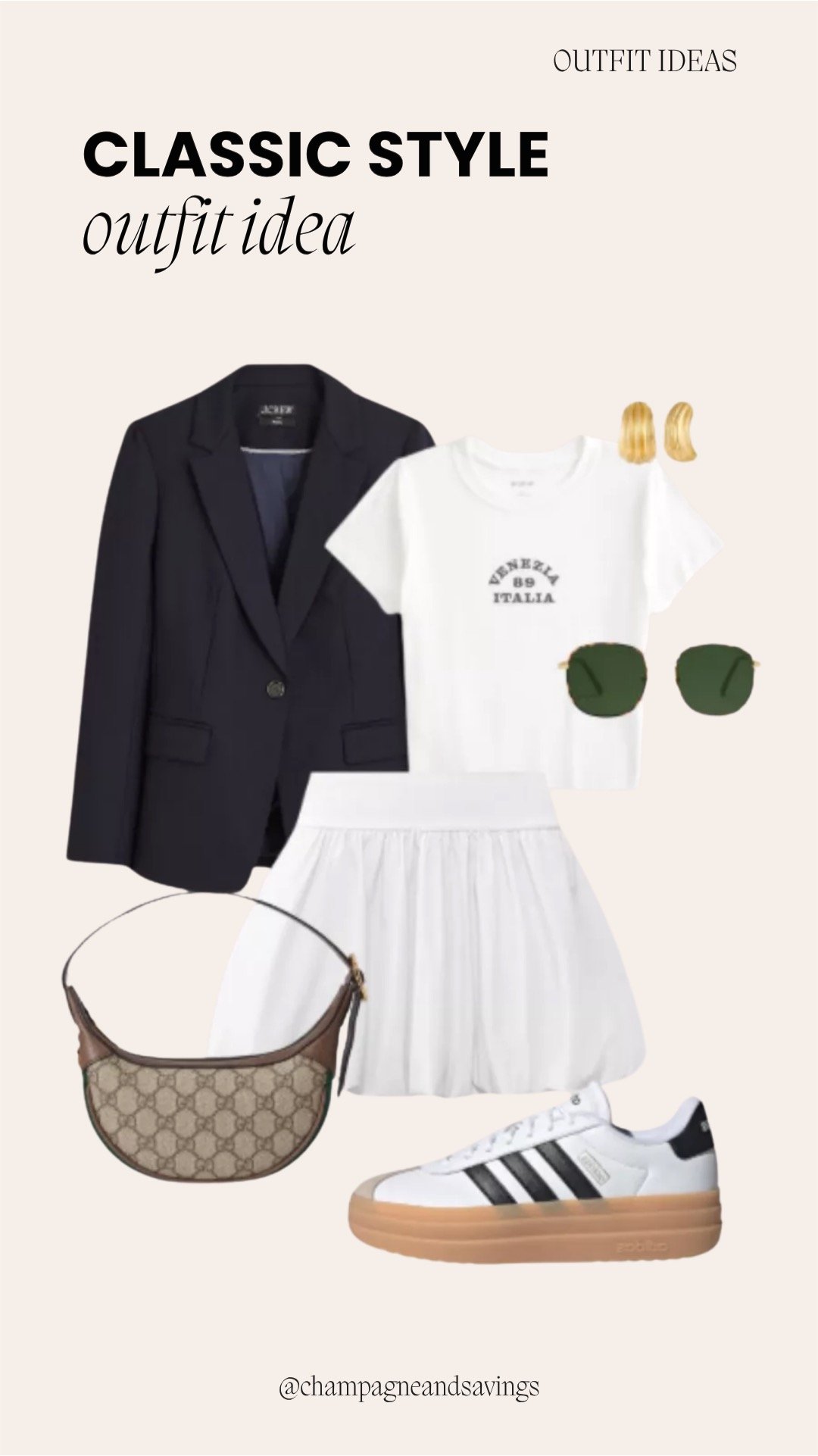 Image of a classic outfit collage featuring a navy blazer, graphic tee, and tennis skirt styled together with coordinating accessories arranged as outfit pieces
