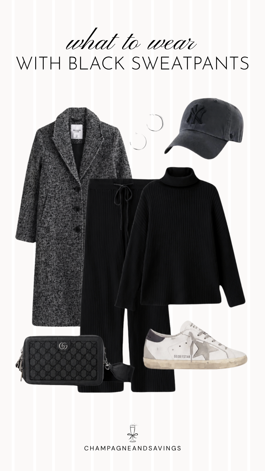 Black sweatpants outfit idea collage featuring a tweed coat layered over a ribbed turtleneck sweater with black sweatpants for a cozy, polished look.