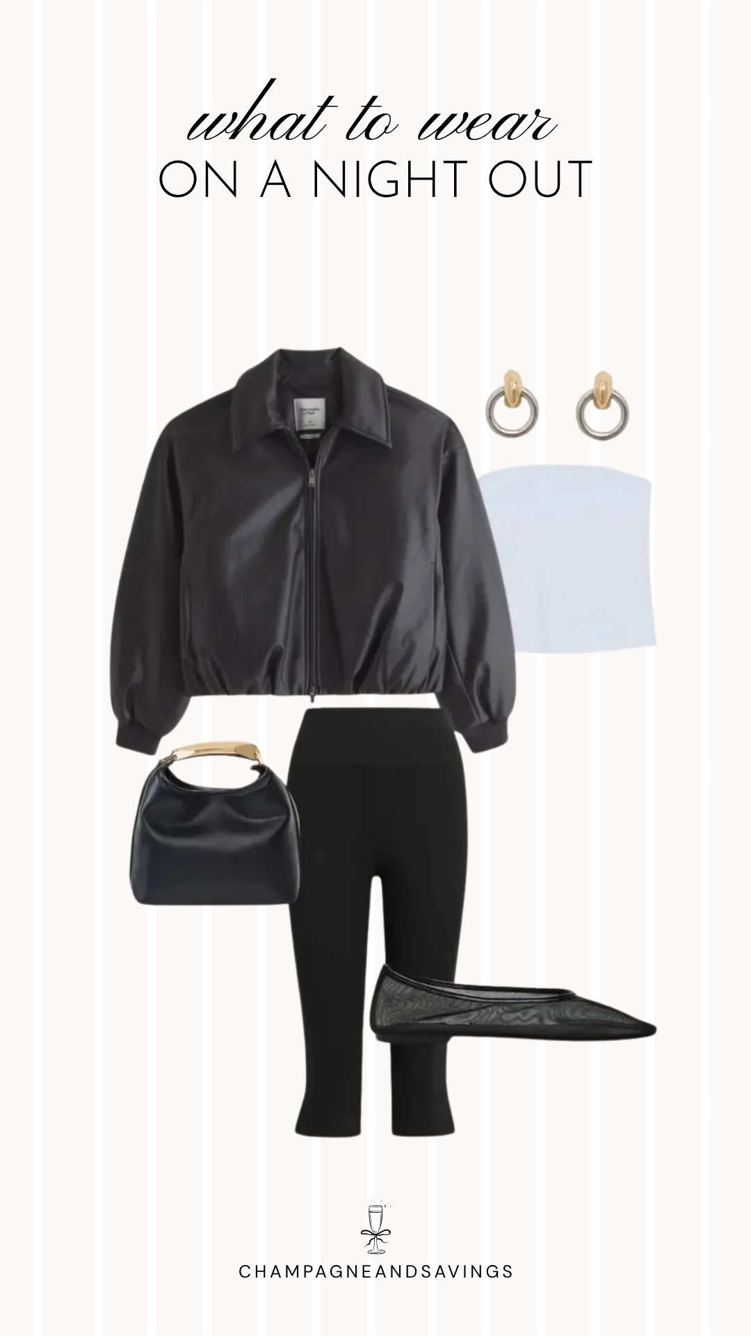 Fall going out outfit idea featuring a leather jacket layered over a tube top with mesh flats, styled in a collage of outfit pieces for a trendy autumn night out look.