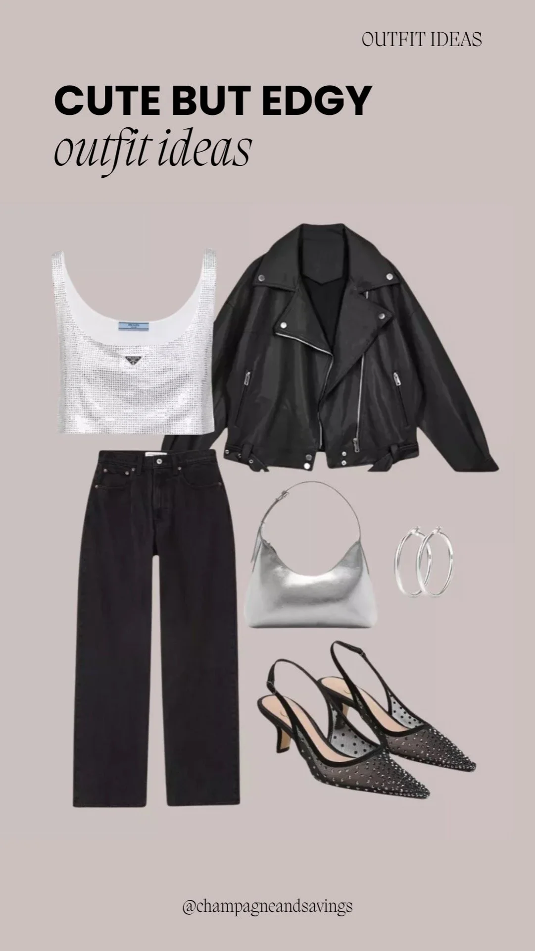 Shimmery tank styled with a leather jacket and black pants for a chic, edgy night-out look.