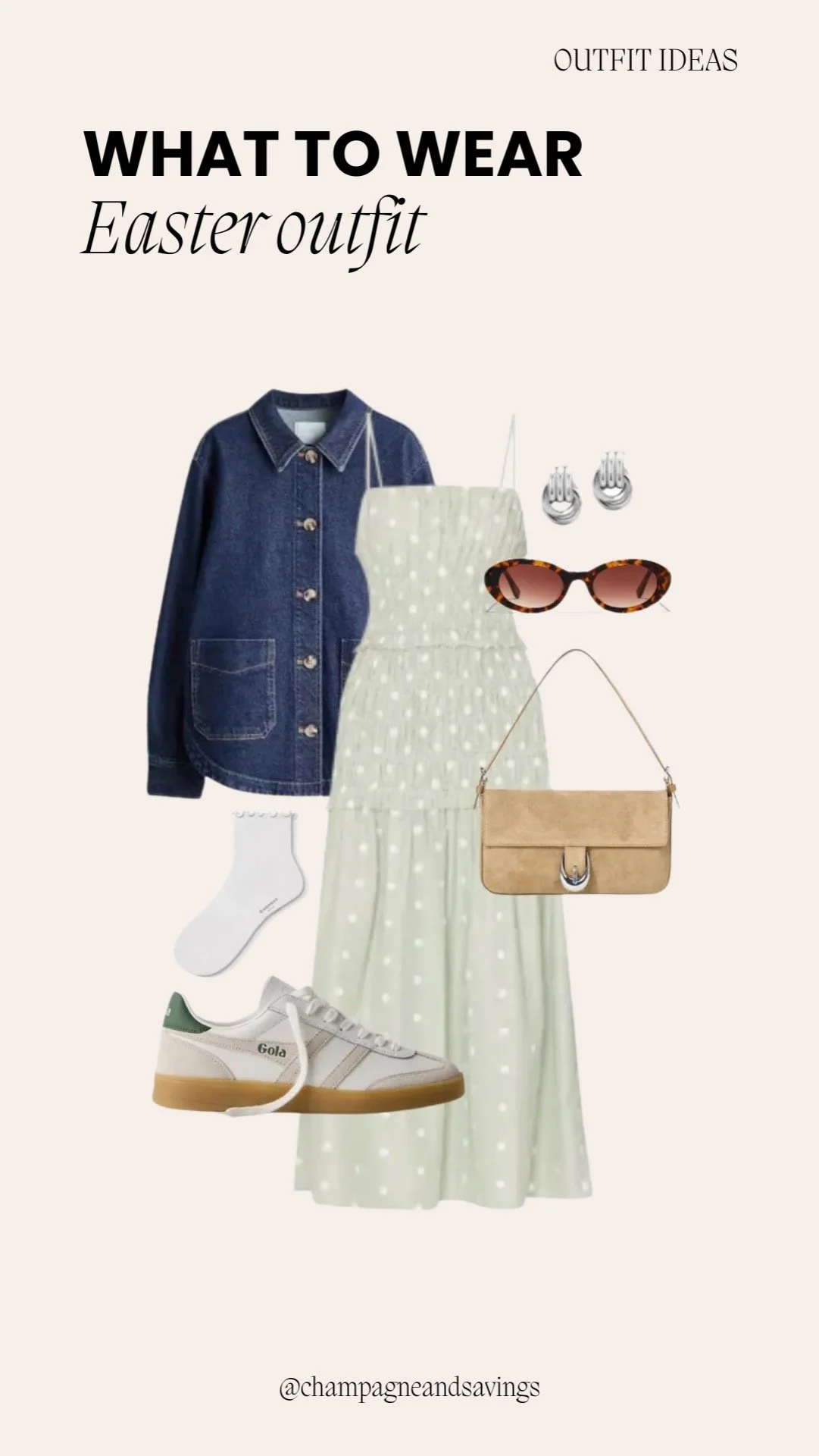 Easter outfit ideas collage showing a green polka dot maxi dress paired with a denim jacket and coordinating accessories.