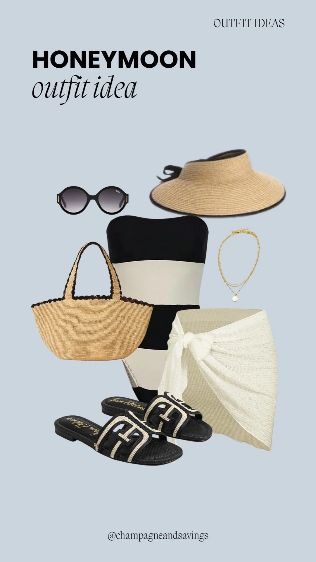 Honeymoon outfit idea collage featuring a black and white bandeau one-piece swimsuit, styled with accessories for a sleek and stylish bridal vacation look.