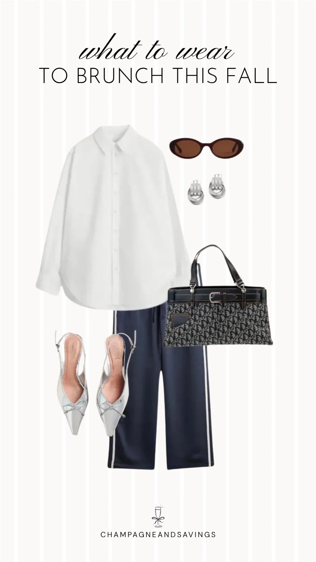 Collage of outfit pieces featuring an oversized button down styled with striped track pants and slingback flats for a sporty and chic fall brunch outfit idea.