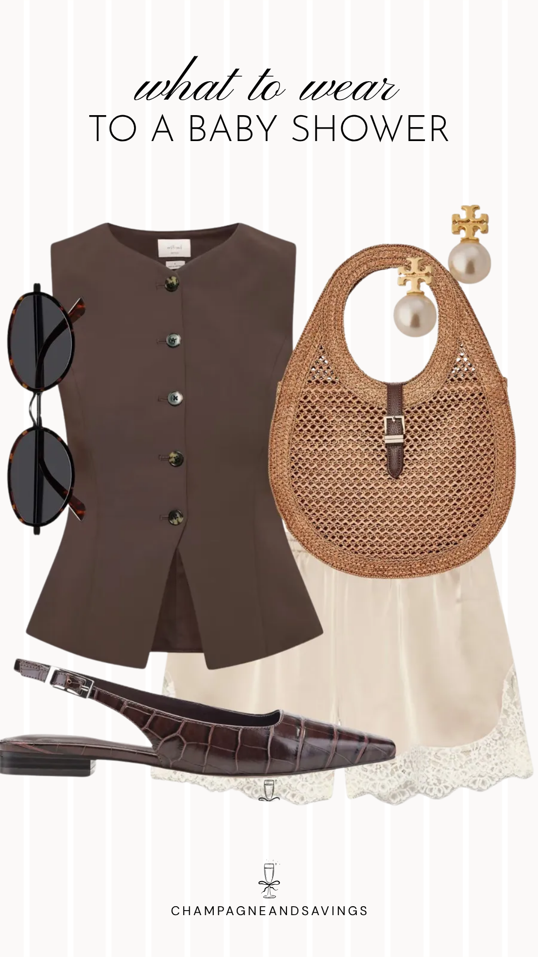 Collage of outfit pieces featuring a brown vest paired with lace trim satin shorts, coordinating shoes, handbag, and accessories for a chic and trendy baby shower guest outfit idea.