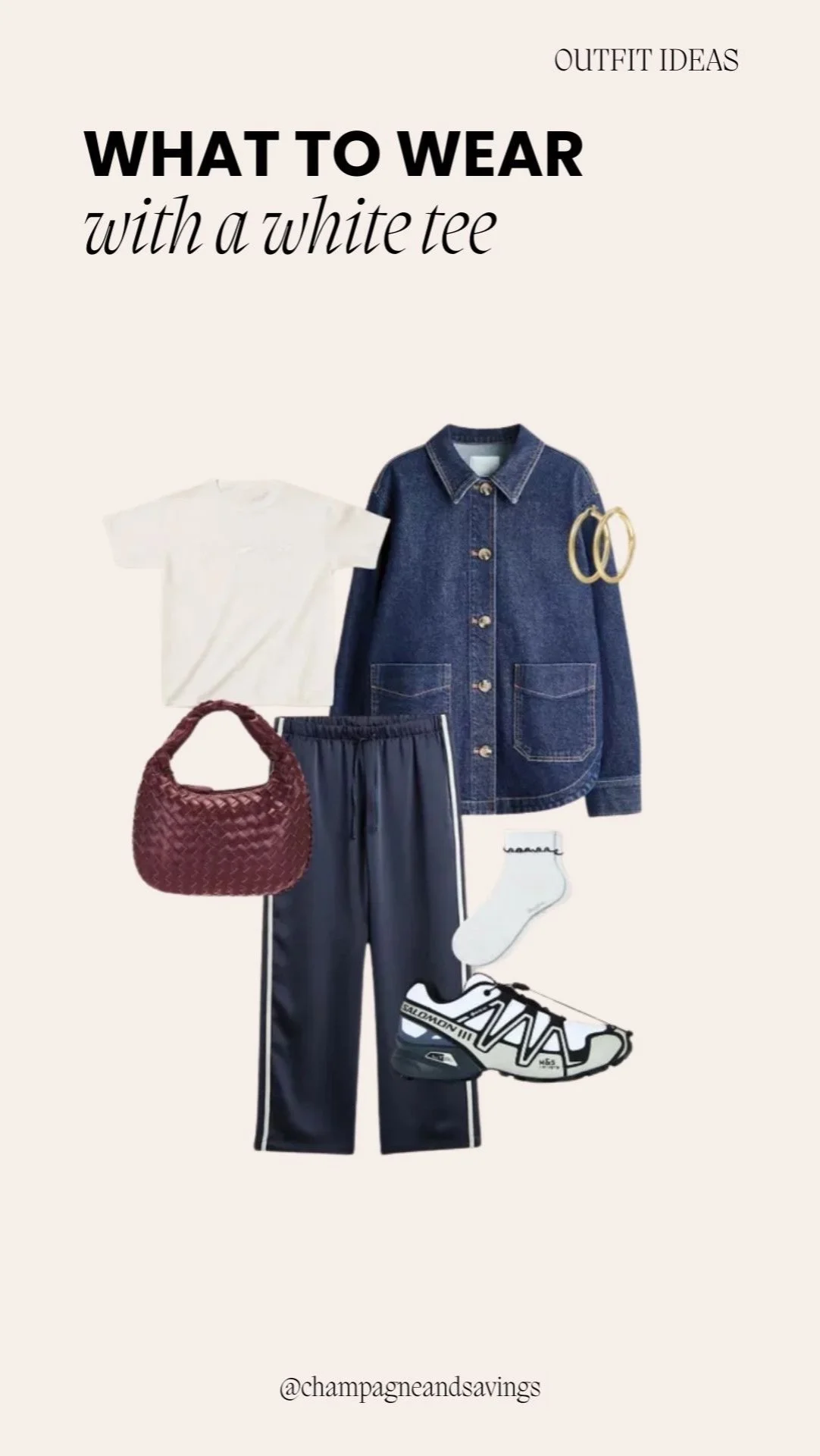Plain white t-shirt styled with a denim shacket and track pants for a casual, sporty layered outfit.