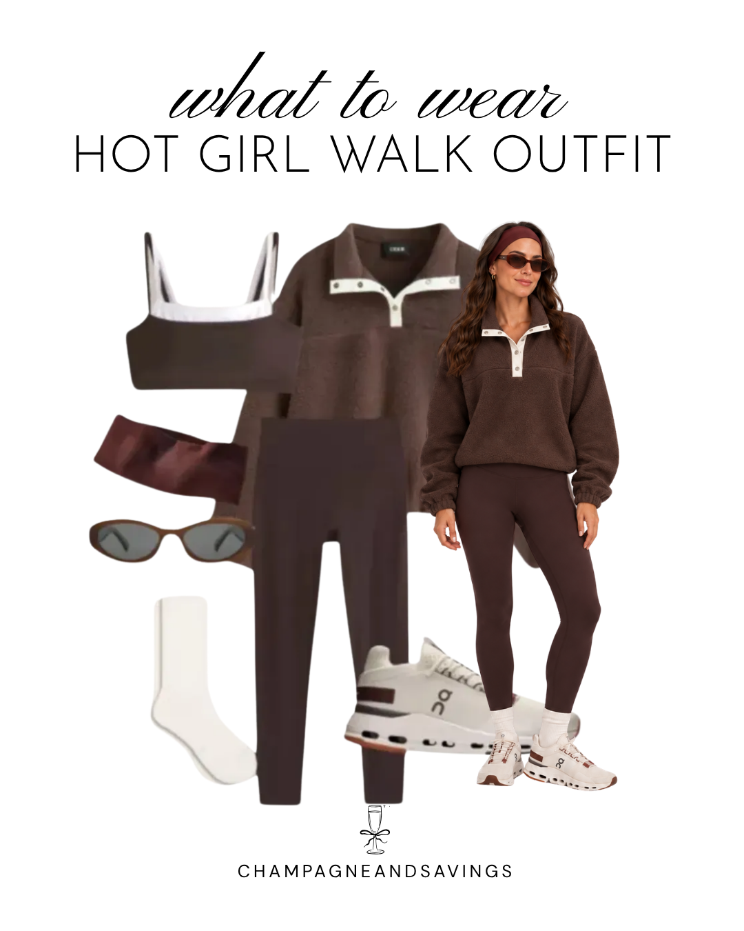 Hot girl walk outfit idea featuring a chocolate brown matching athleisure set, shown in a collage of outfit pieces for a cute and comfortable walking outfit.