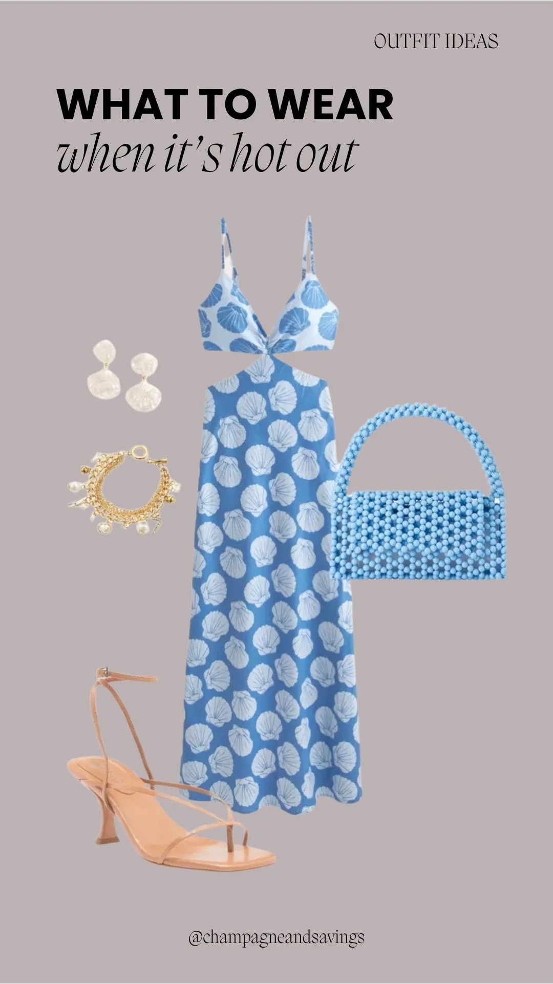Hot weather outfit collage featuring a blue shell print cutout maxi dress styled with heeled sandals for a breezy, elevated summer look