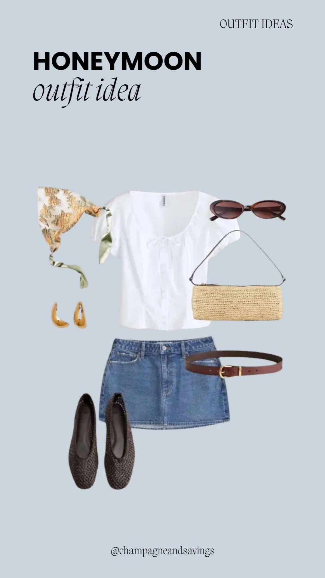 Honeymoon outfit idea collage featuring a white tee paired with a denim mini skirt, styled with accessories for a casual and chic bridal vacation look.