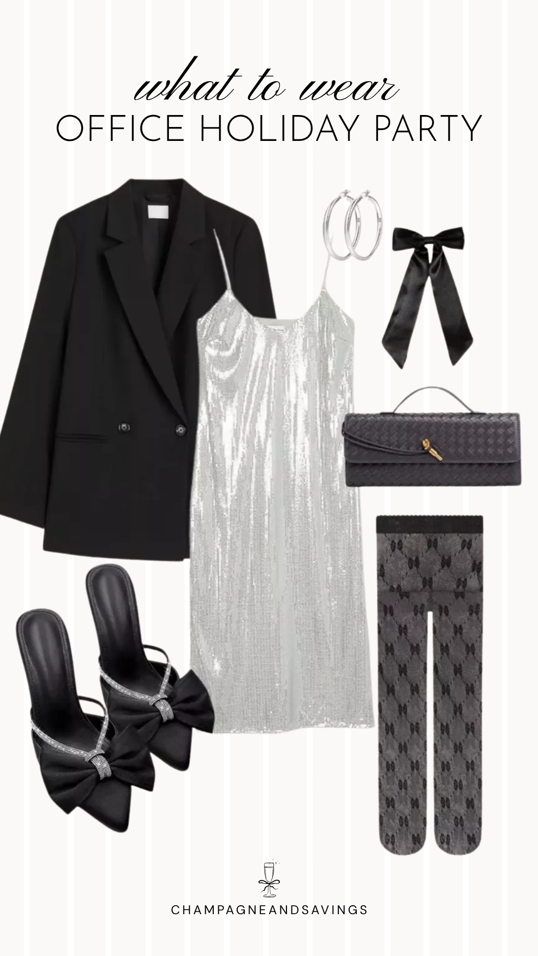 Work holiday party outfit idea featuring a silver sequin dress styled with a black blazer and coordinating outfit pieces for a festive, polished office party look.