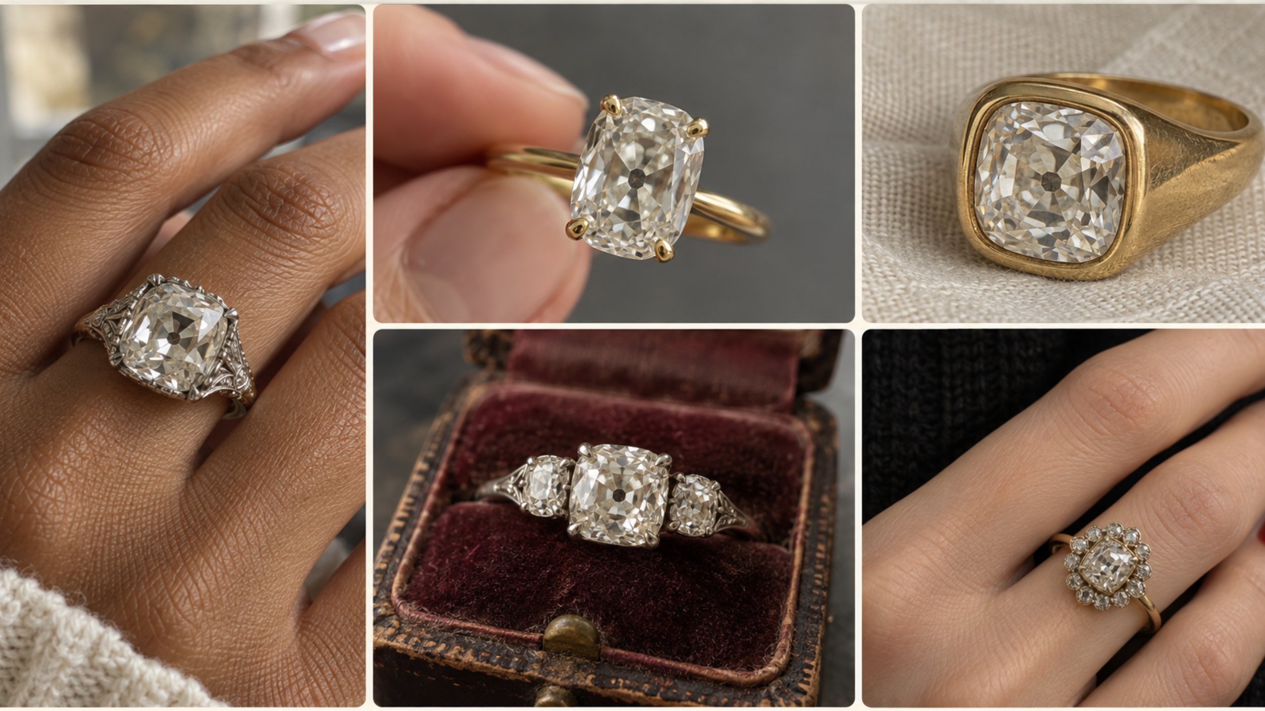 Collage of vintage-inspired old mine cut diamond engagement rings featuring antique-style diamonds, chunky facets, and yellow gold settings.