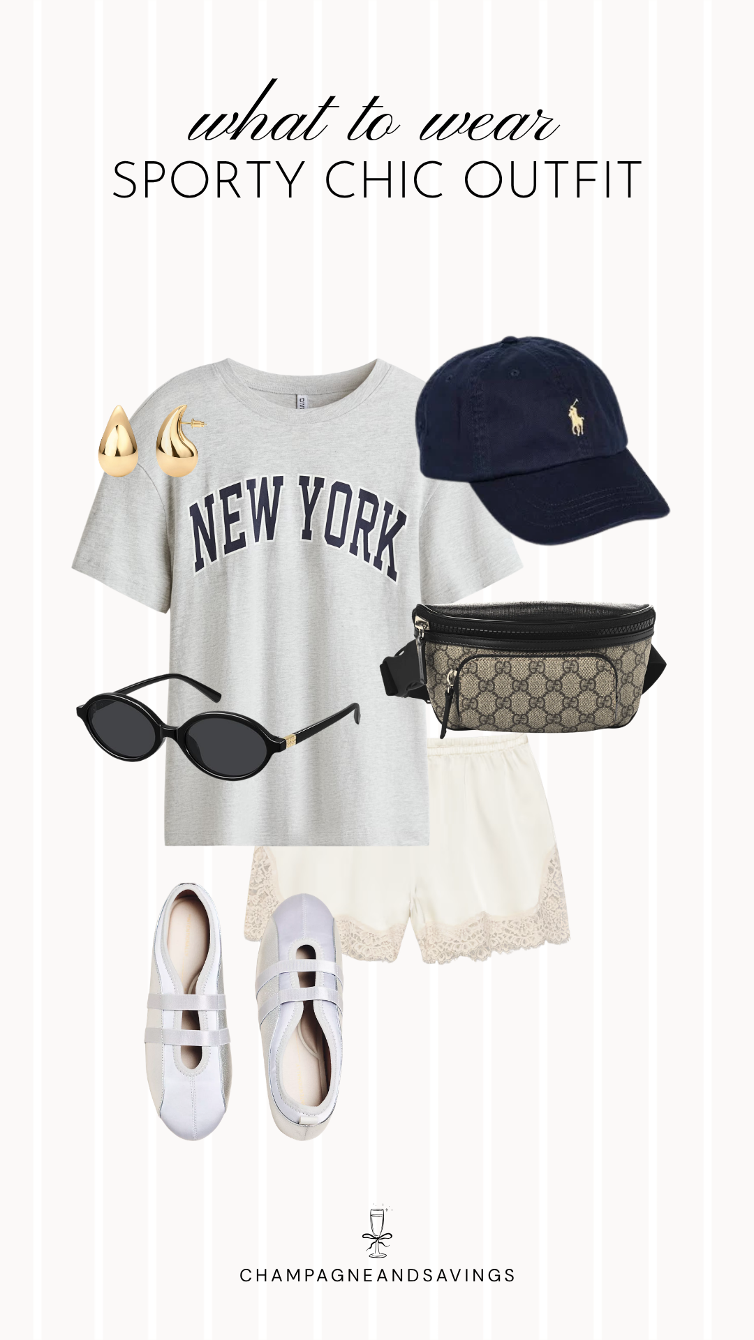 Collage of sporty chic outfit pieces featuring a graphic tee styled with lace shorts, a belt bag, and casual accessories for an effortless sporty chic look.
