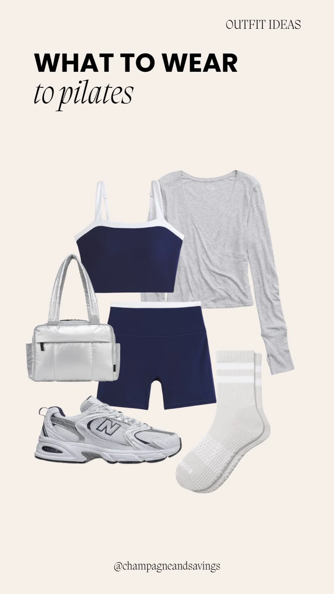 Collage of a navy and gray Pilates outfit with matching top and leggings.