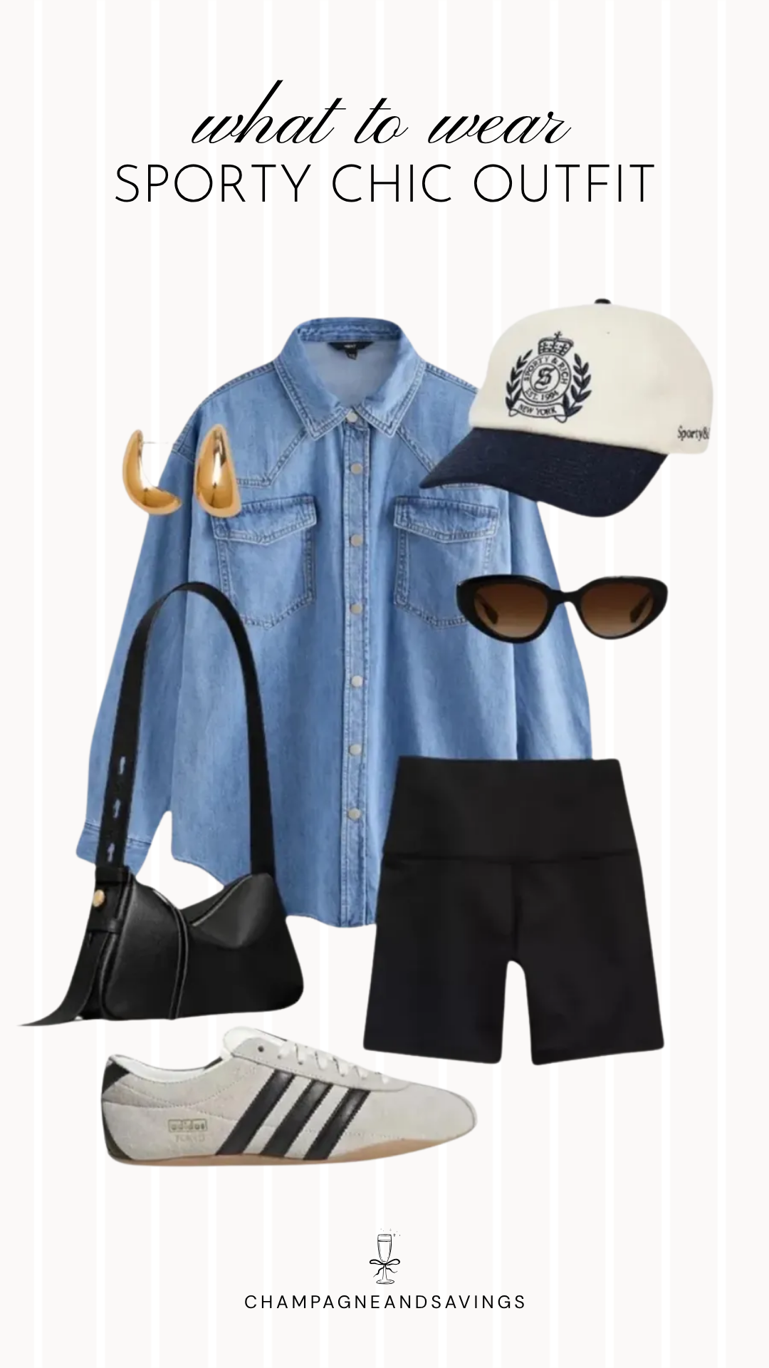 Collage of sporty chic outfit pieces featuring a denim shirt paired with biker shorts and sneakers for an easy, casual outfit with a sporty feel.