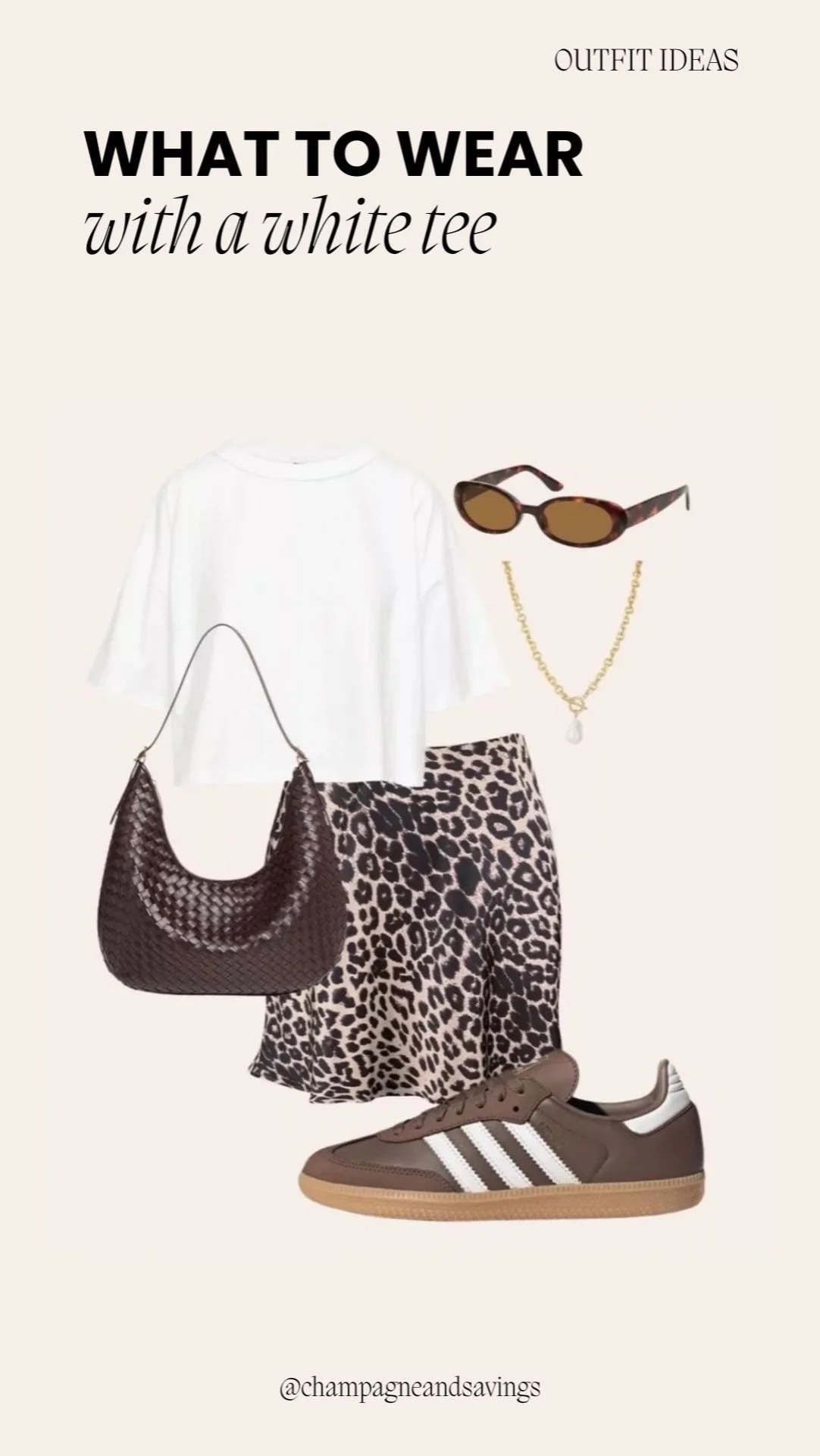 Plain white t-shirt styled with a leopard print skirt and sneakers for a casual, trendy, and effortlessly stylish outfit.