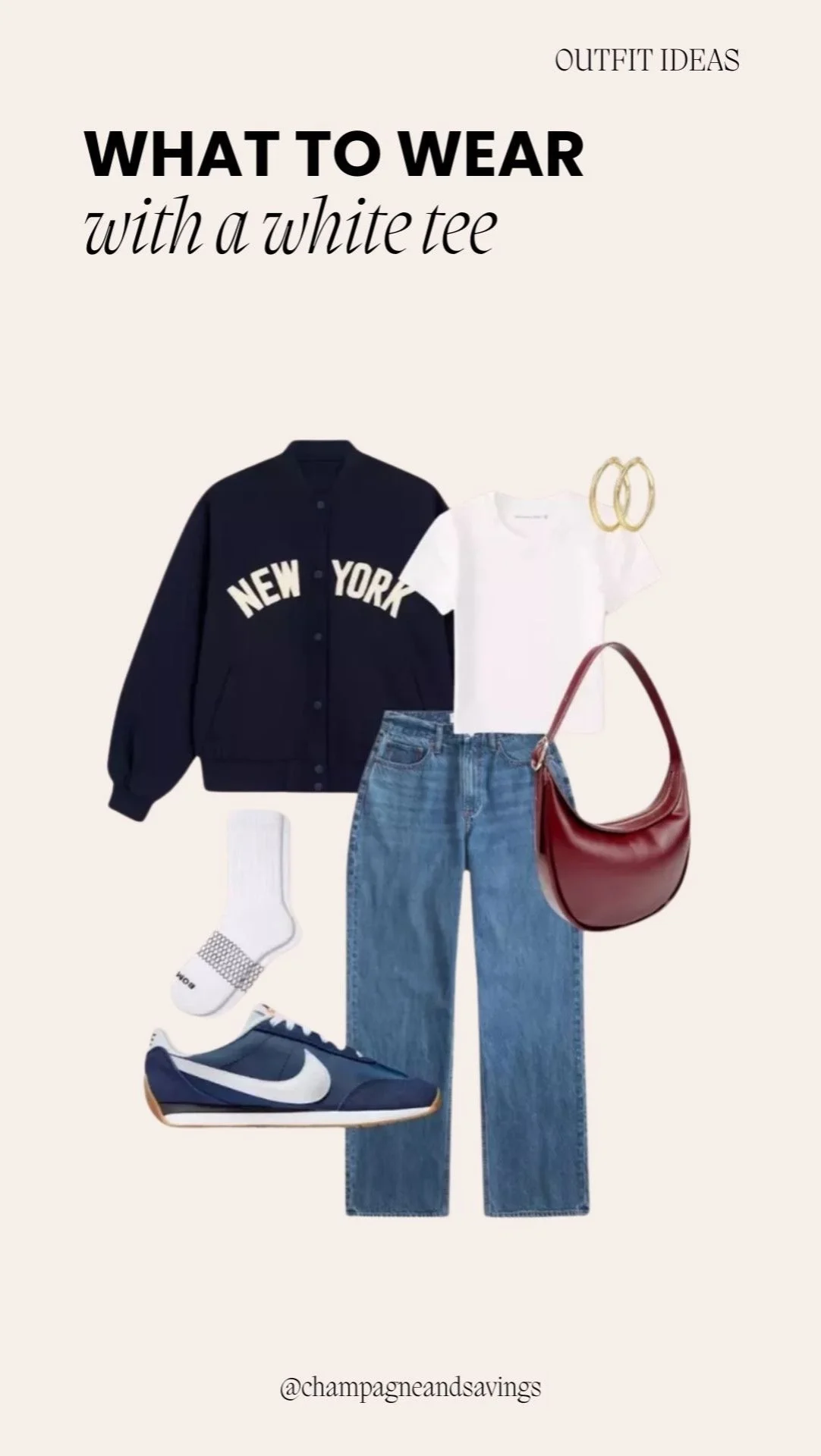 Plain white t-shirt styled with a varsity jacket and straight-leg jeans for a casual, sporty, and effortlessly cool outfit.