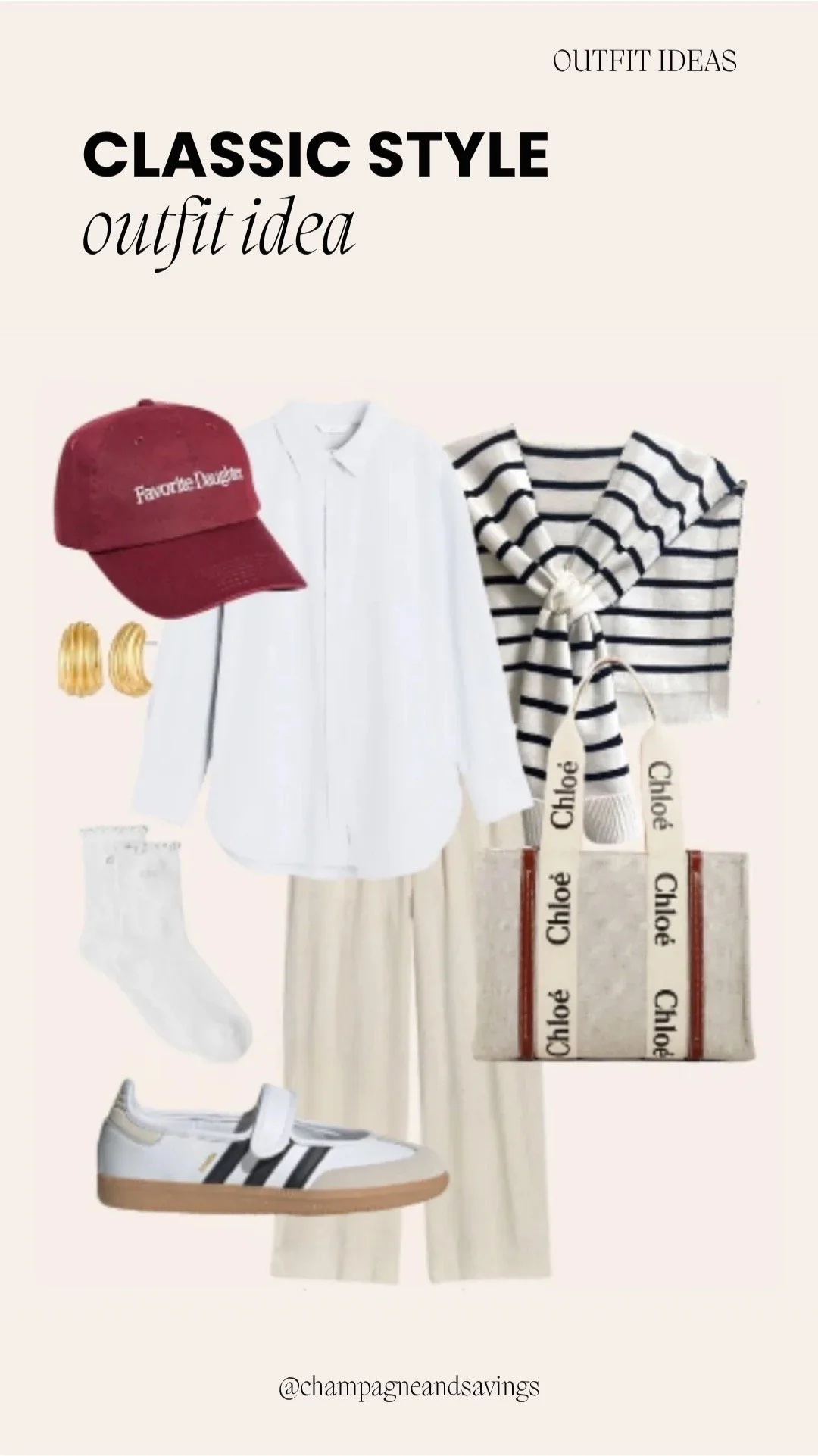 Image of a classic outfit collage featuring a white button down styled with a striped sweater tied at the shoulders, arranged with coordinating accessories