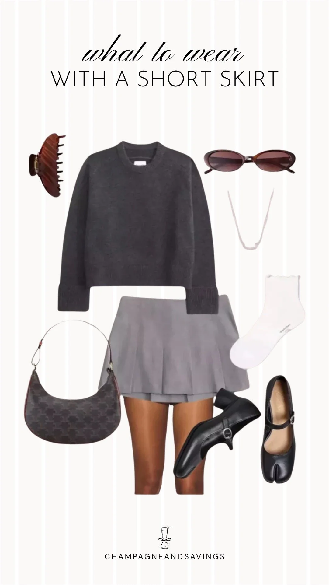 Collage of outfit pieces featuring a short skirt styled with a cozy sweater and Mary Janes for a cute, cozy chic outfit idea.