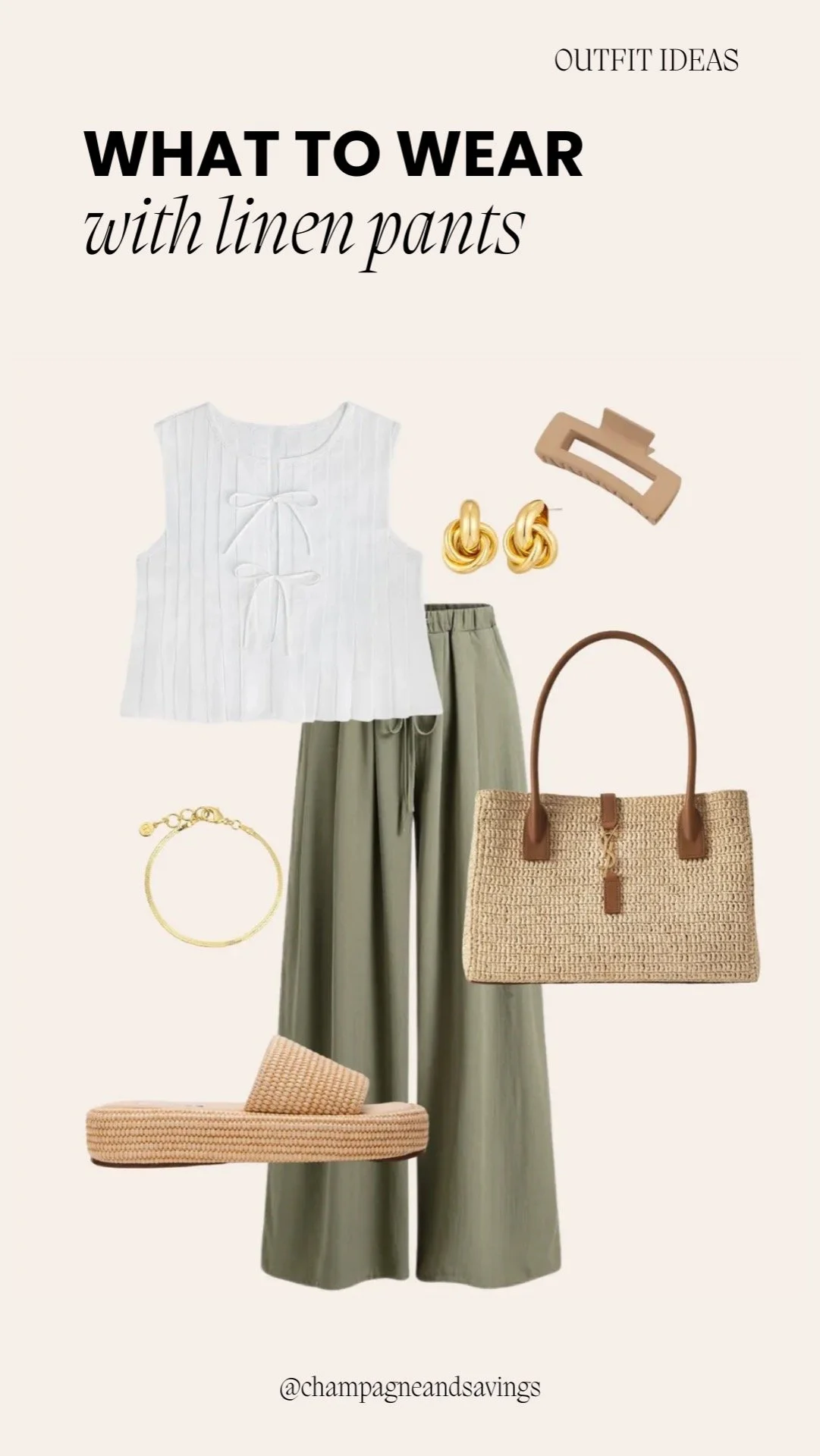 Linen pants outfit styled with a feminine sleeveless top and casual accessories for a chic and effortless spring look.