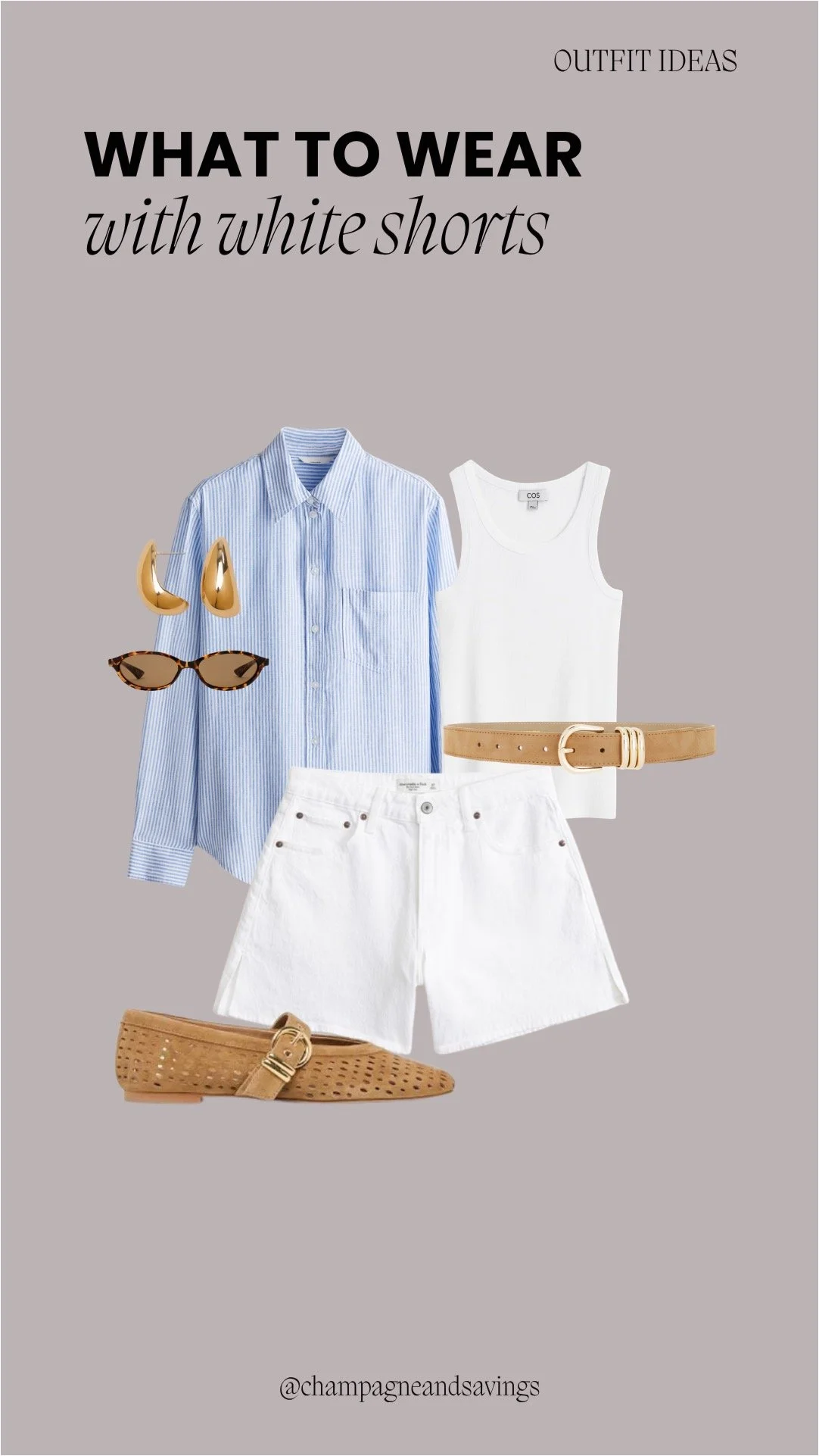 Collage of outfit pieces featuring white shorts styled with a striped button-down shirt and suede flats for a classic, effortless look.