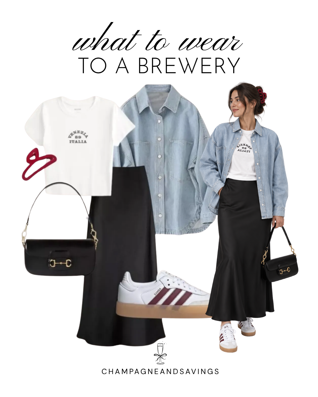 Trendy casual brewery outfit with an oversized denim button-down, white graphic tee, black maxi skirt, and Adidas sneakers.